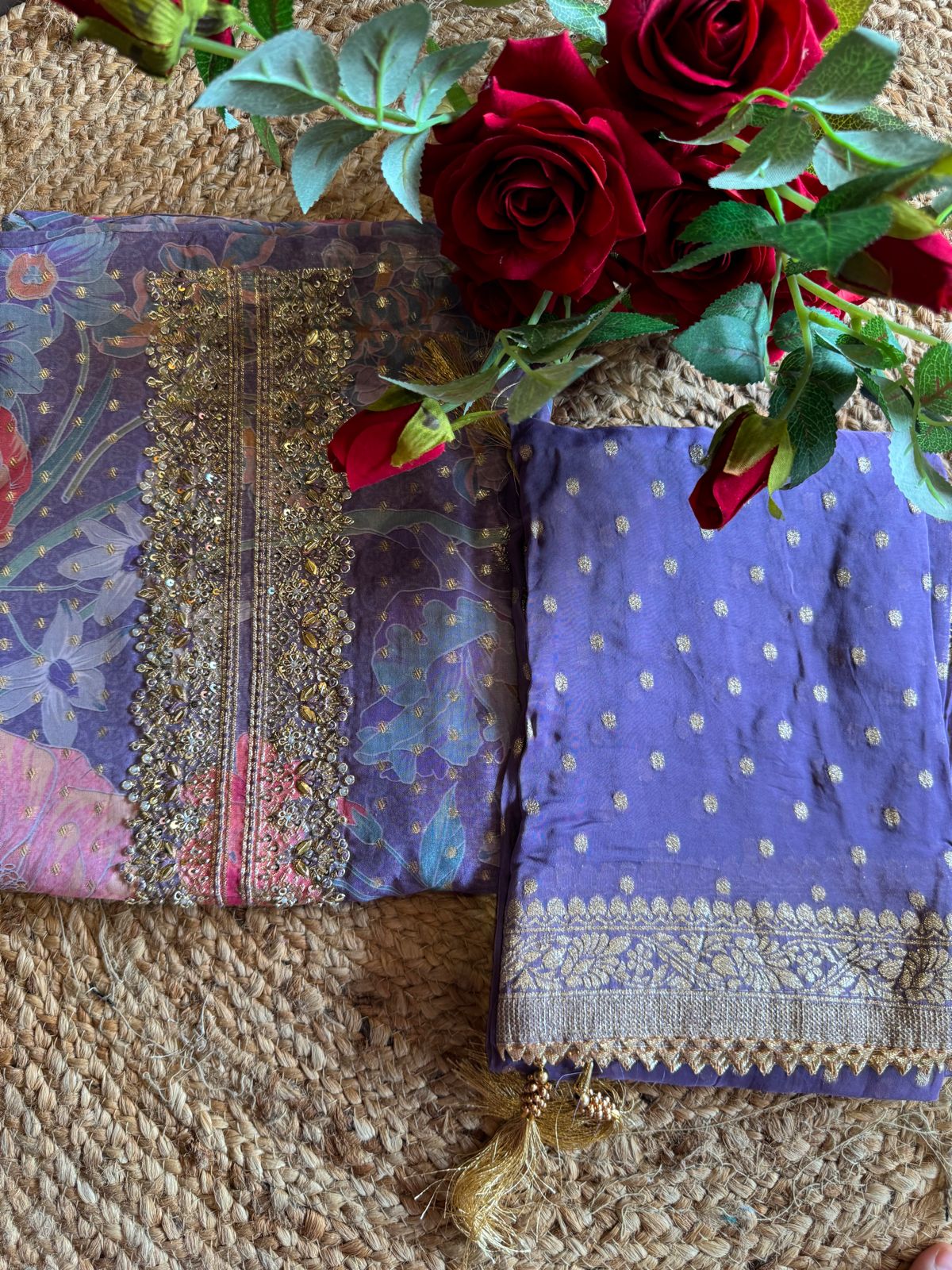 Organza full size zari bootie work dupatta with four sides banarsi border and tassels attached.