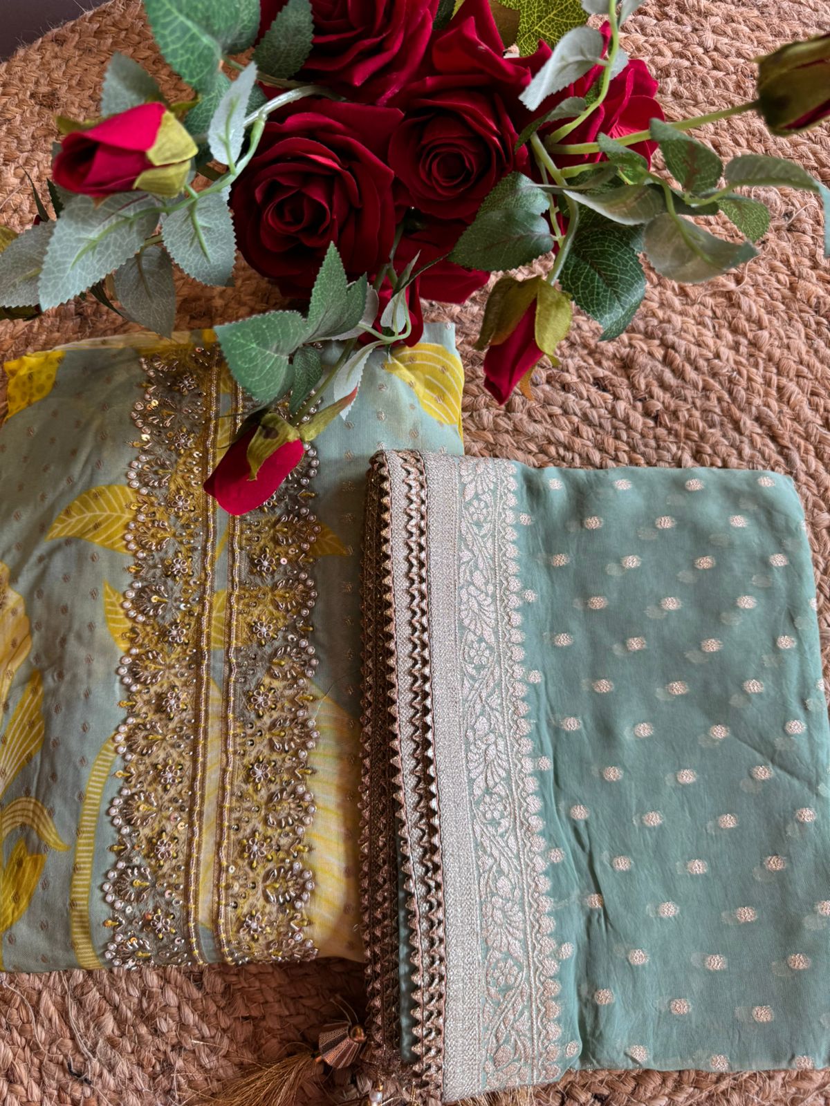 Organza full size zari bootie work dupatta with four sides banarsi border and tassels attached.