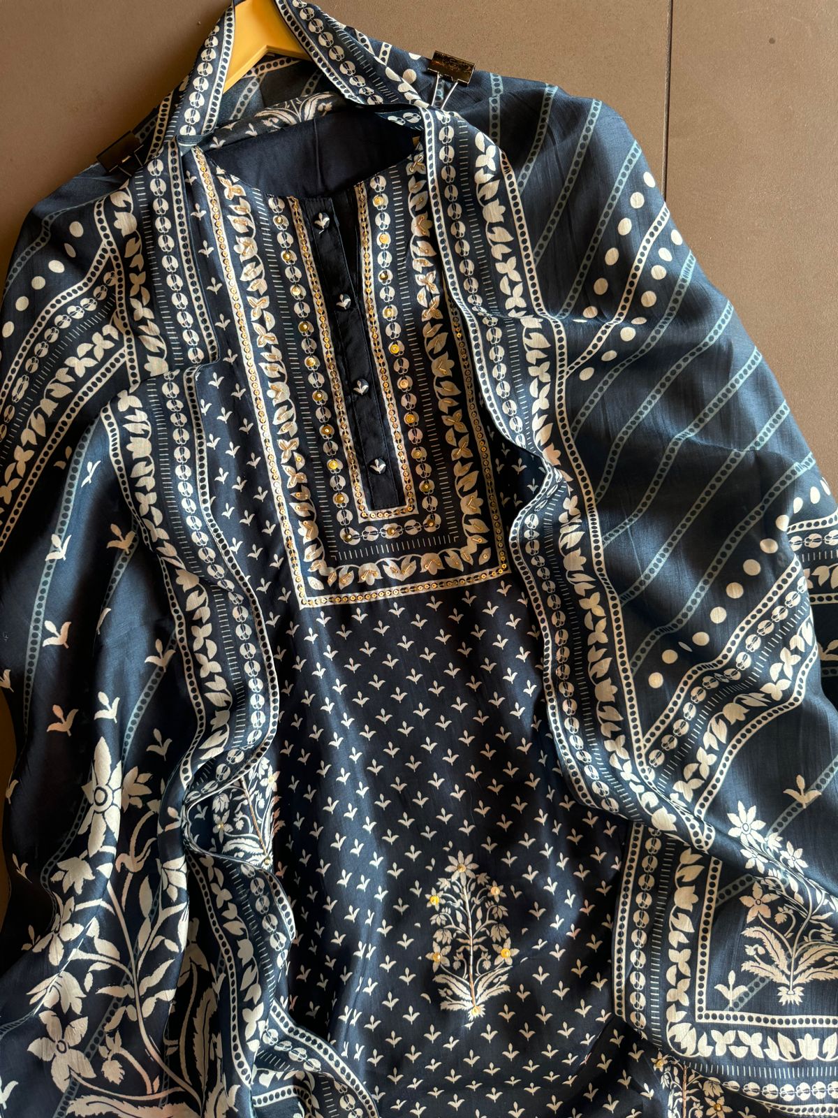 Pure mulberry silk Suit in Indigo colour ,Digital printed booties Overall with handwork