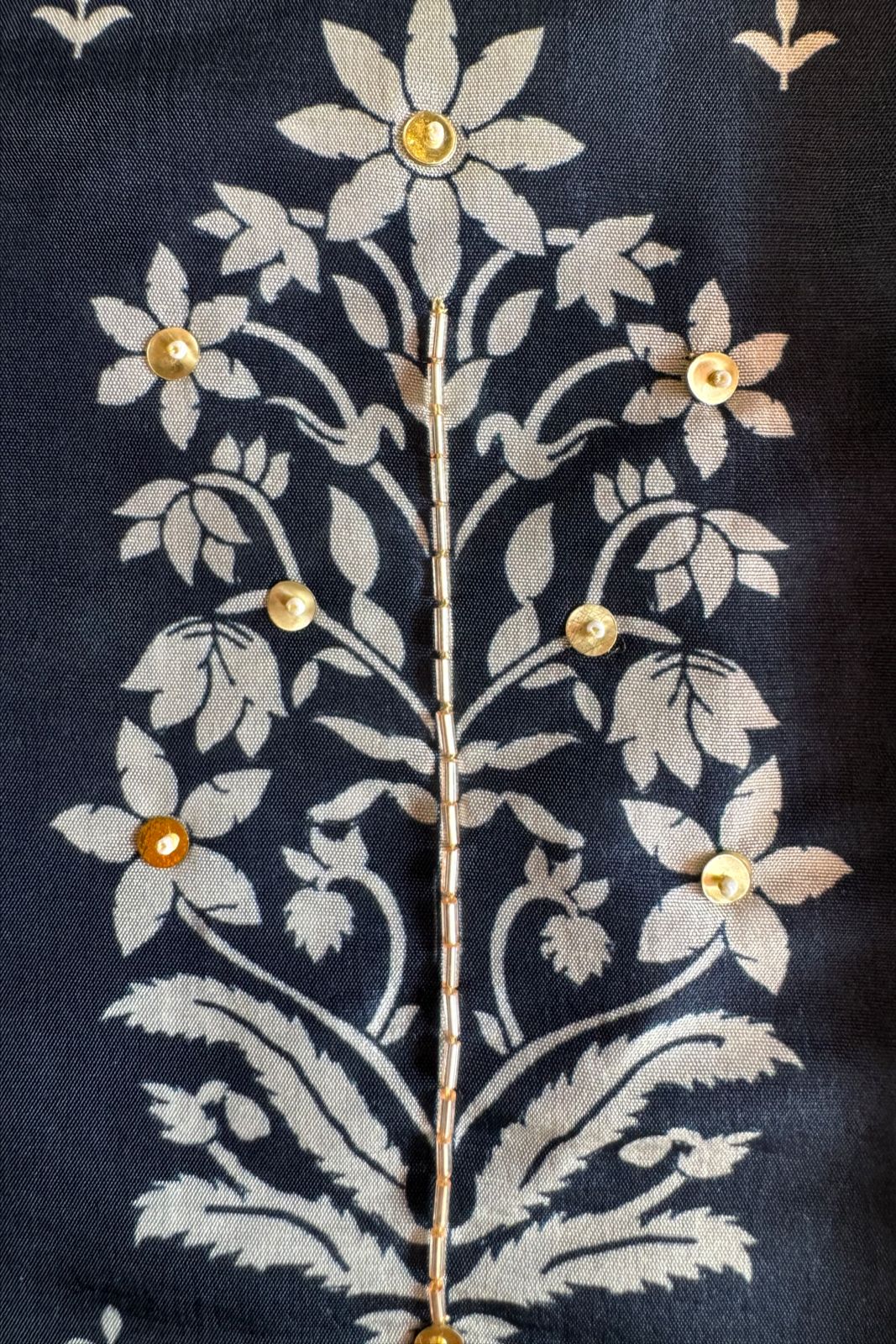 Pure mulberry silk Suit in Indigo colour ,Digital printed booties Overall with handwork