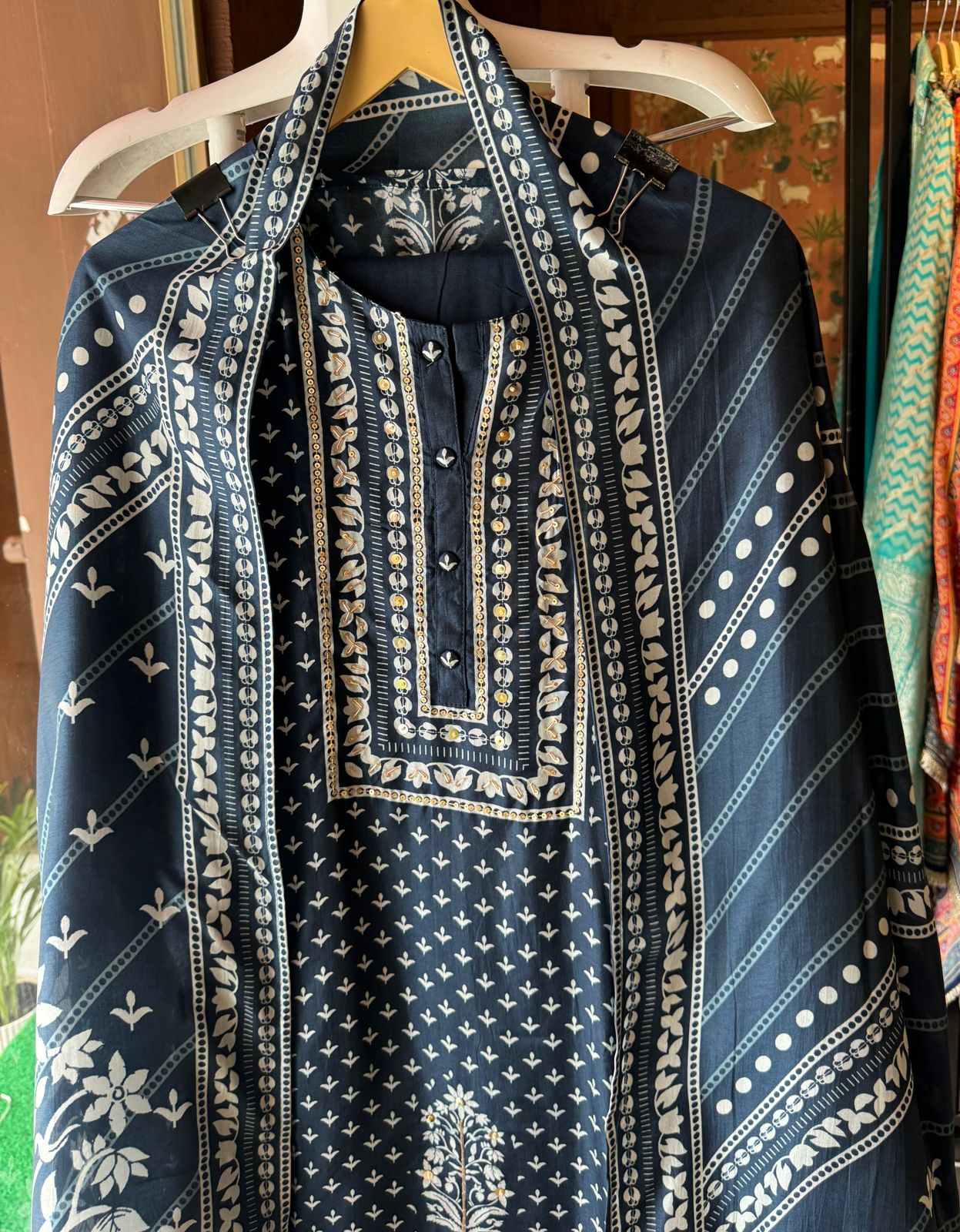 Pure mulberry silk Suit in Indigo colour ,Digital printed booties Overall with handwork