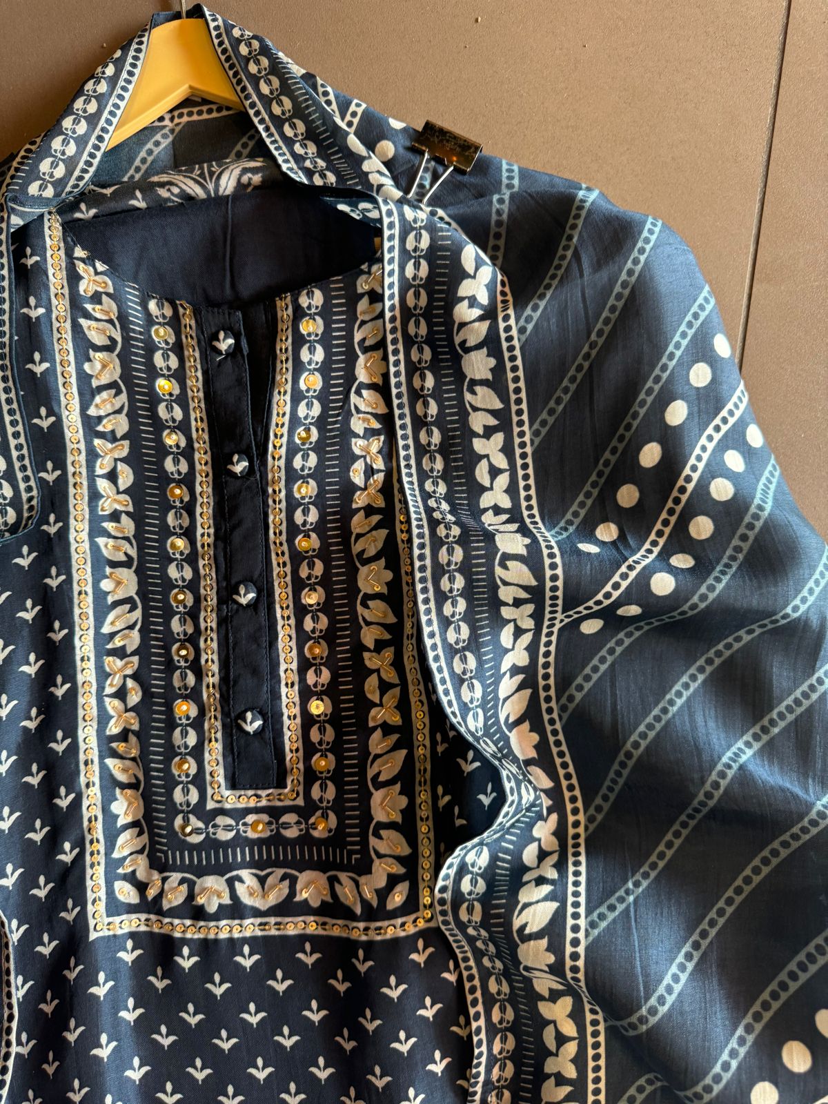 Pure mulberry silk Suit in Indigo colour ,Digital printed booties Overall with handwork