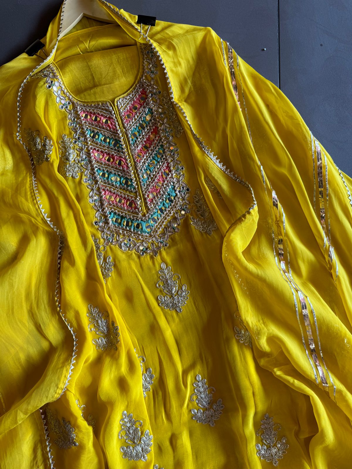 Soft organza Unstitched shirt with heavily embroidered zari bootas with leather gotta work