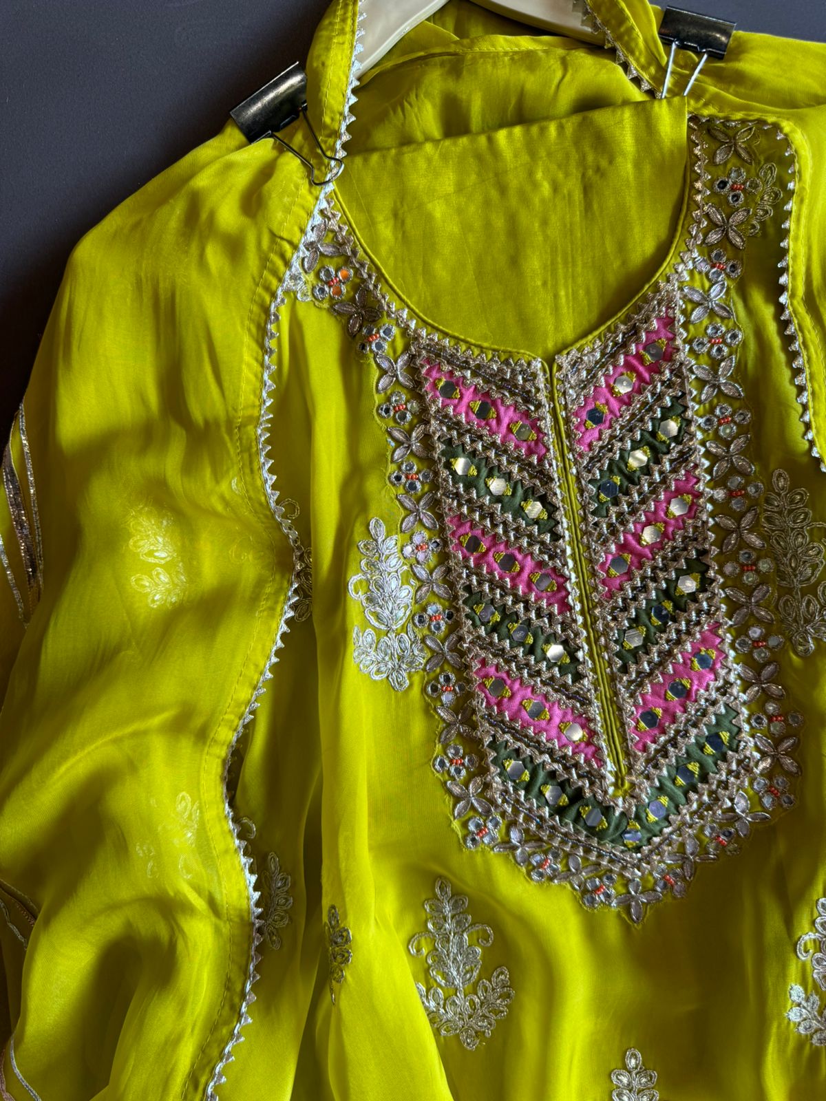 Soft organza Unstitched shirt with heavily embroidered zari bootas with leather gotta work