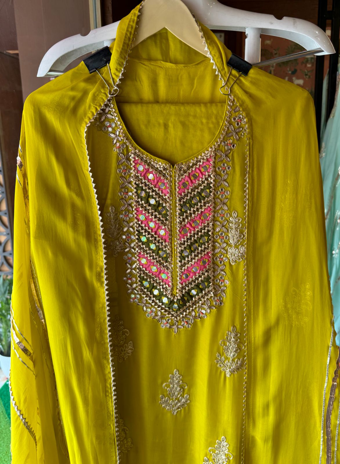 Soft organza Unstitched shirt with heavily embroidered zari bootas with leather gotta work