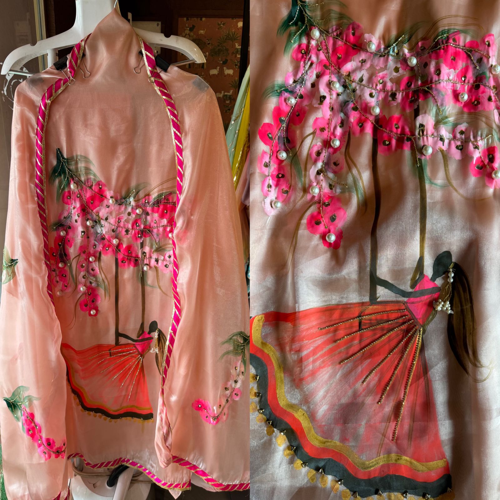 Soft Glass Tissue (Unstitched) Full size shirt with Very beautiful Handpainted cocept