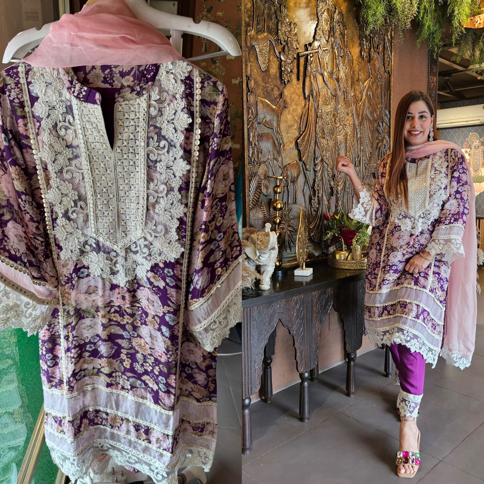 Stitched kurta on Pure muslin with heavy neckline with thread and dori embroidery