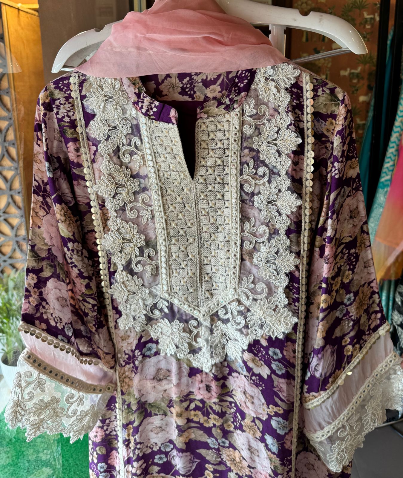 Stitched kurta on Pure muslin with heavy neckline with thread and dori embroidery