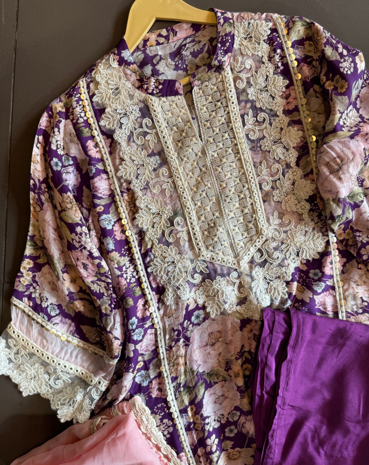 Stitched kurta on Pure muslin with heavy neckline with thread and dori embroidery