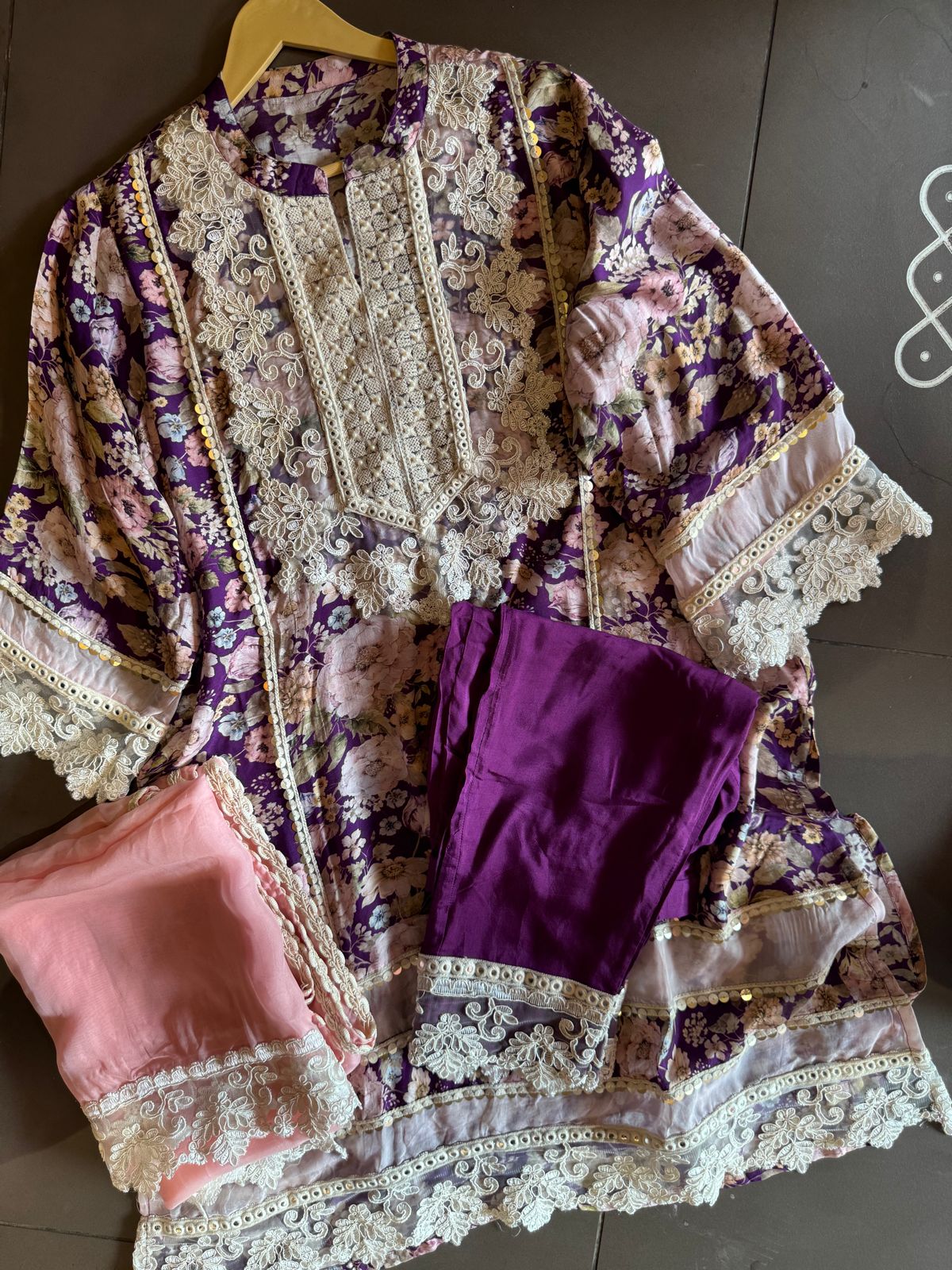 Stitched kurta on Pure muslin with heavy neckline with thread and dori embroidery