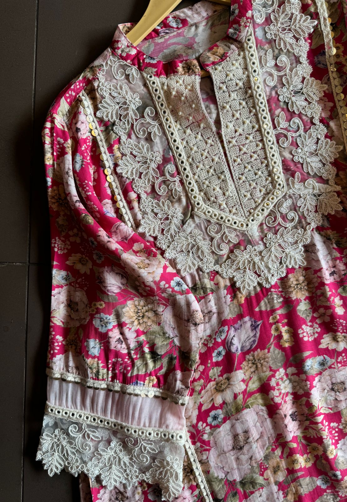 Stitched kurta on Pure muslin with heavy neckline with thread and dori embroidery