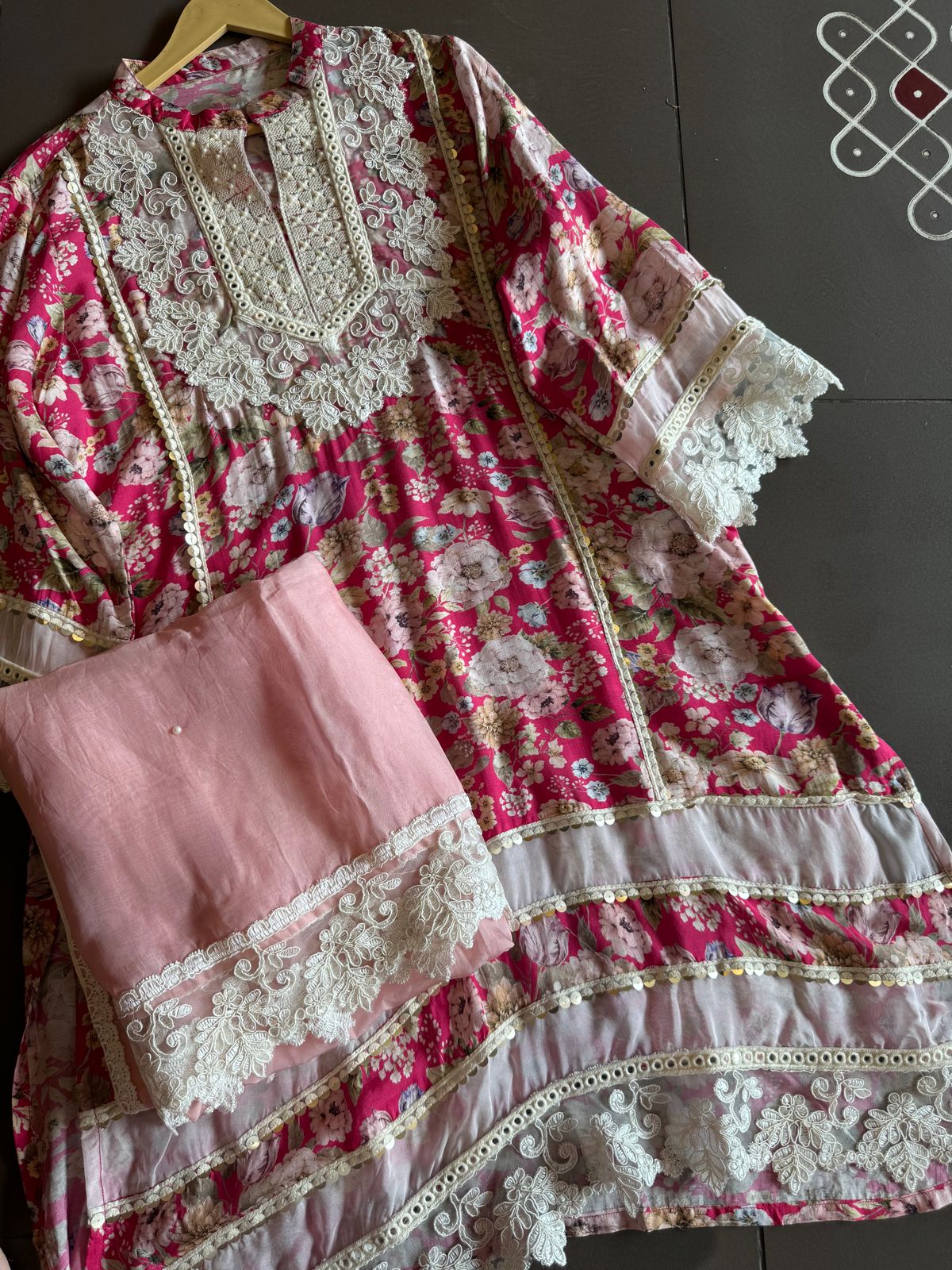 Stitched kurta on Pure muslin with heavy neckline with thread and dori embroidery