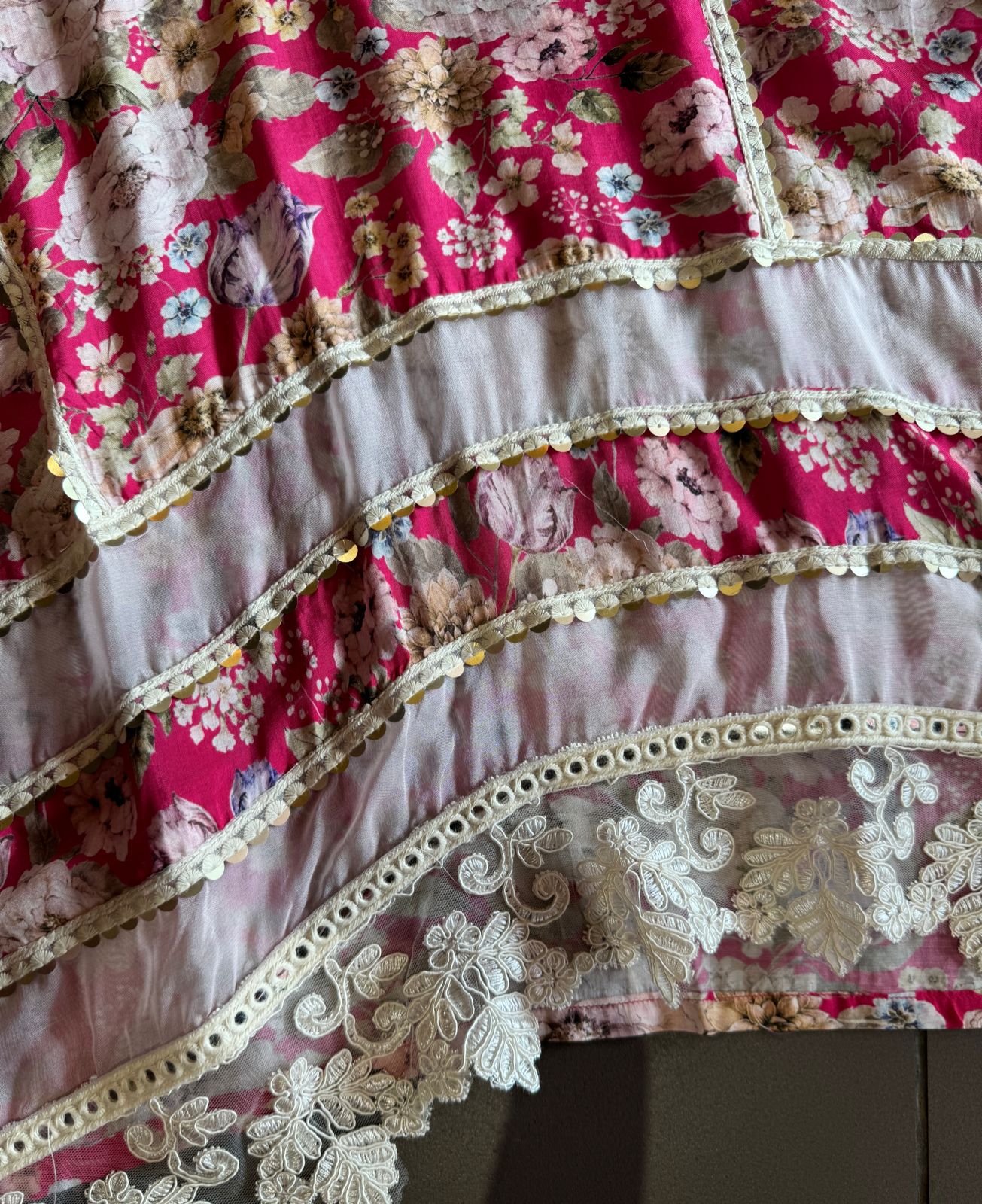 Stitched kurta on Pure muslin with heavy neckline with thread and dori embroidery