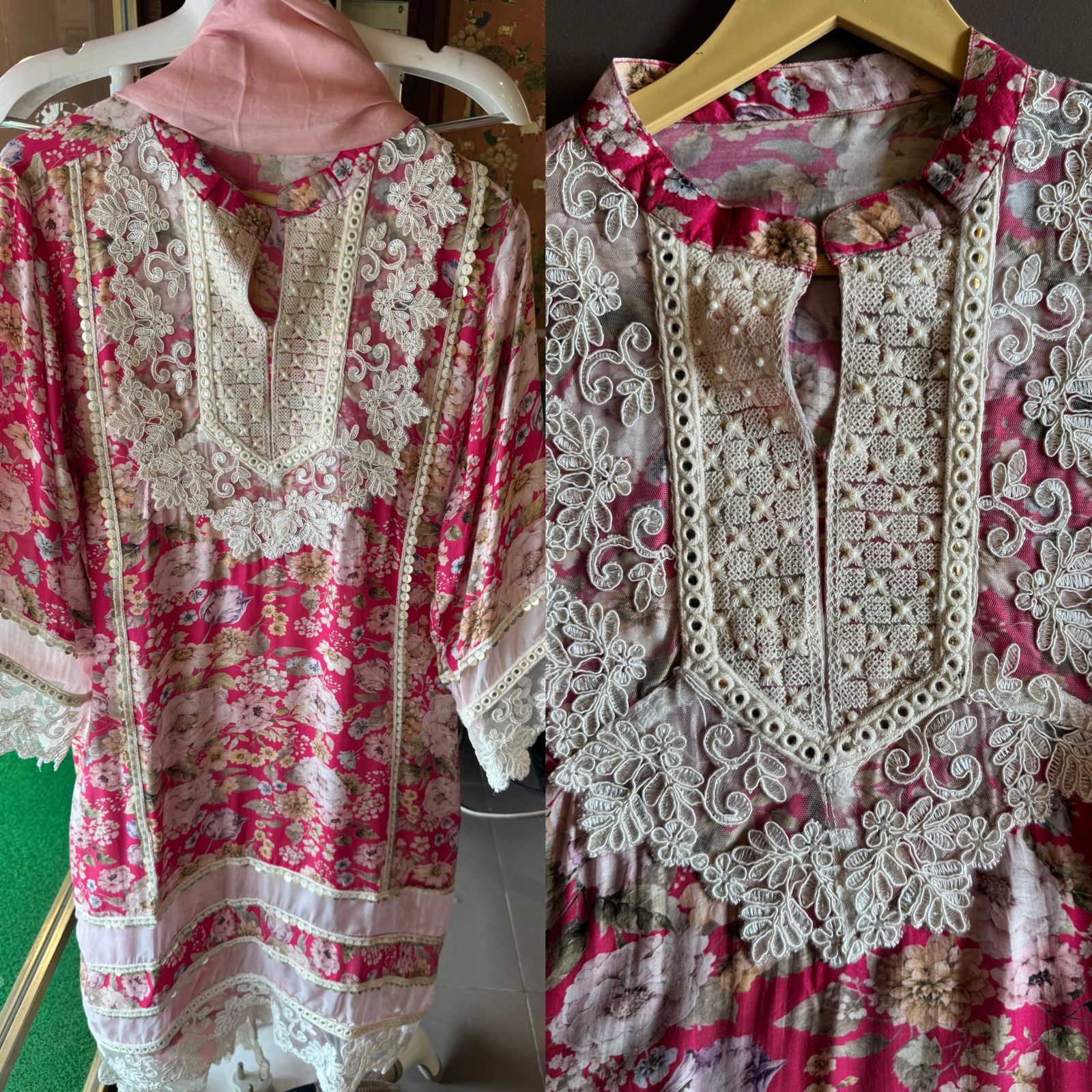 Stitched kurta on Pure muslin with heavy neckline with thread and dori embroidery