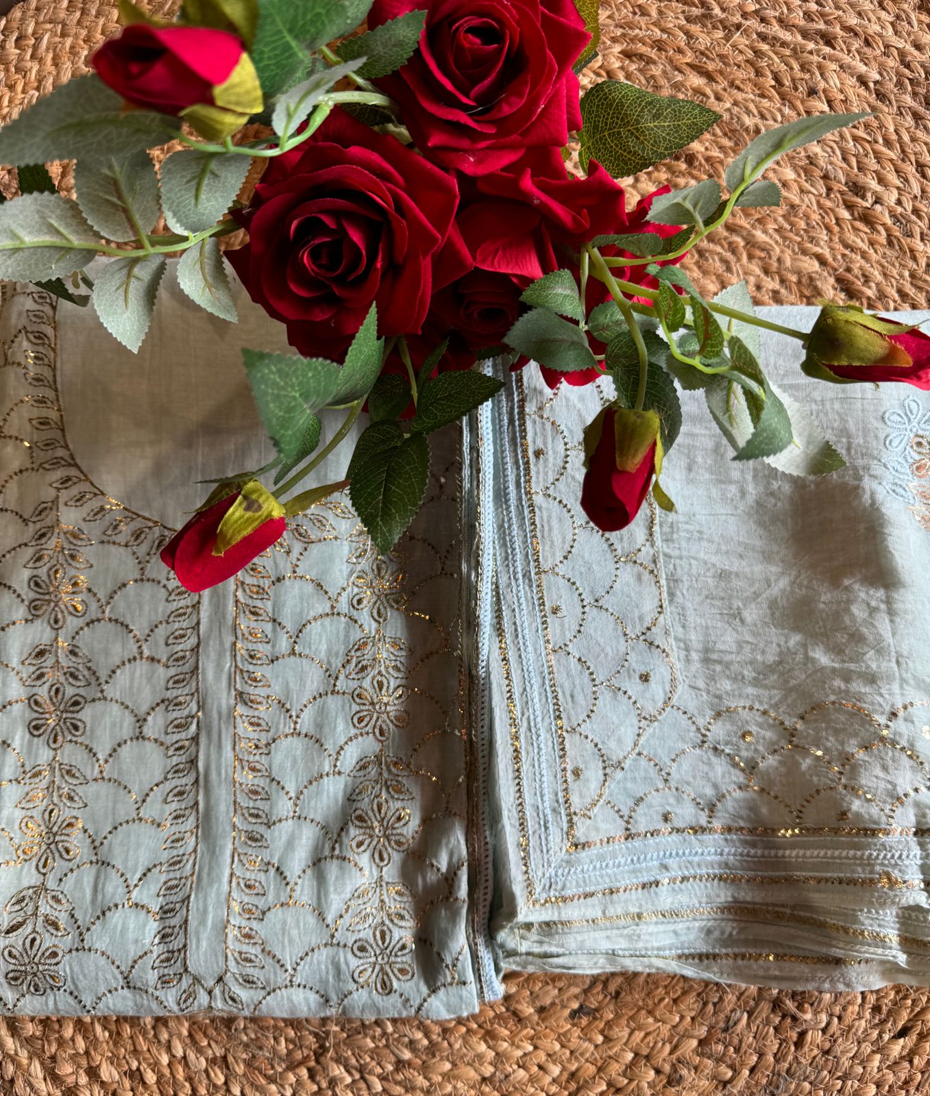 Unstitched Mul suit pieces with original pitta work done on the full shirt front giving it a very Beautiful & rich look