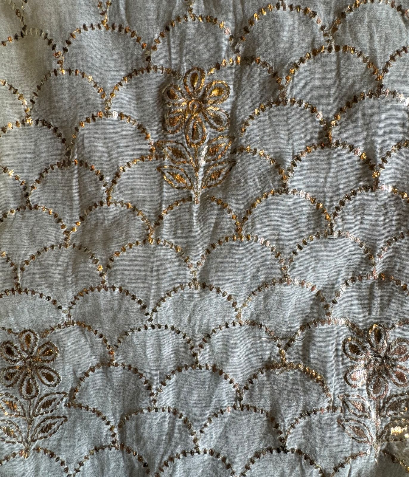 Unstitched Mul suit pieces with original pitta work done on the full shirt front giving it a very Beautiful & rich look