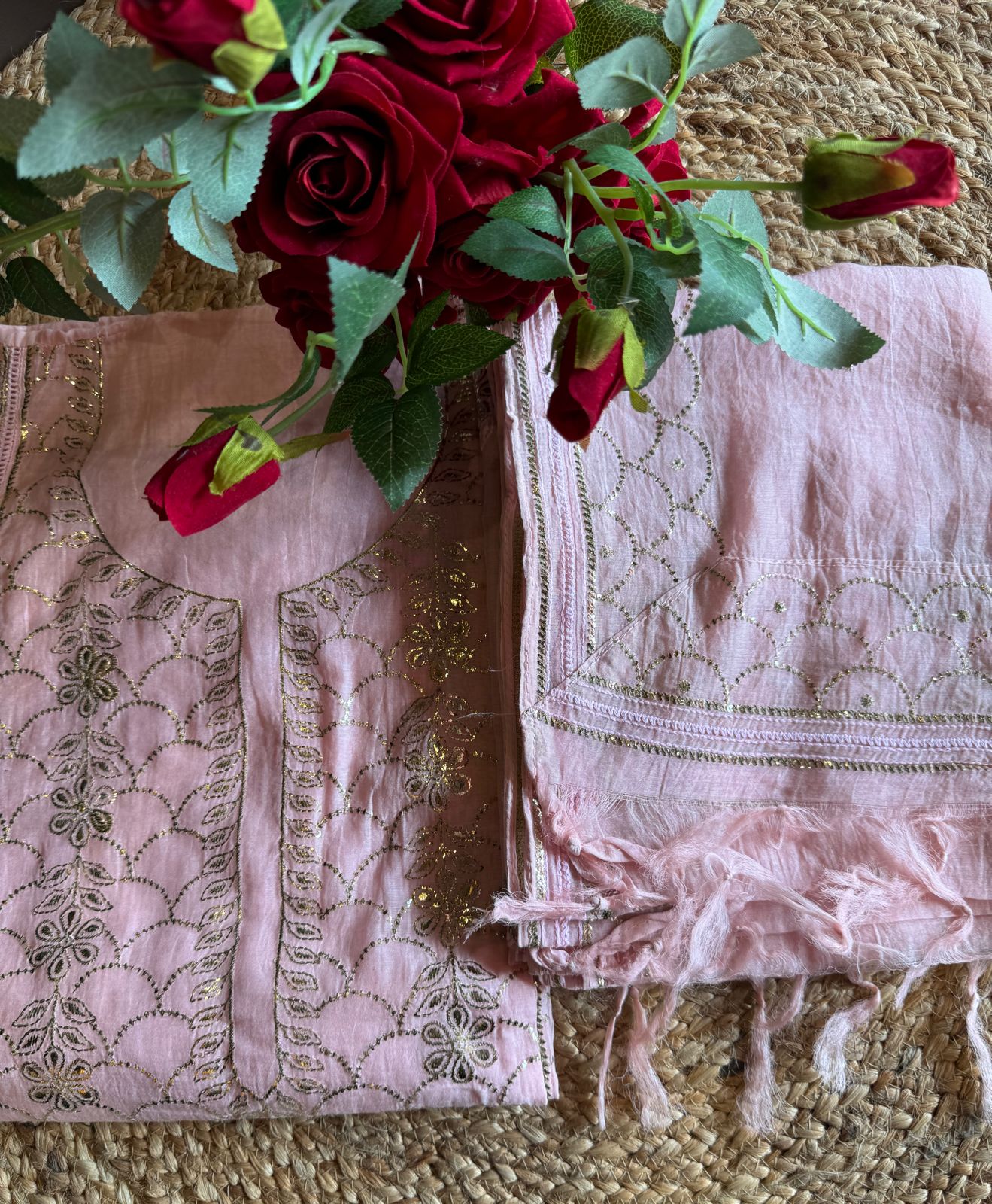 Unstitched Mul suit pieces with original pitta work done on the full shirt front giving it a very Beautiful & rich look