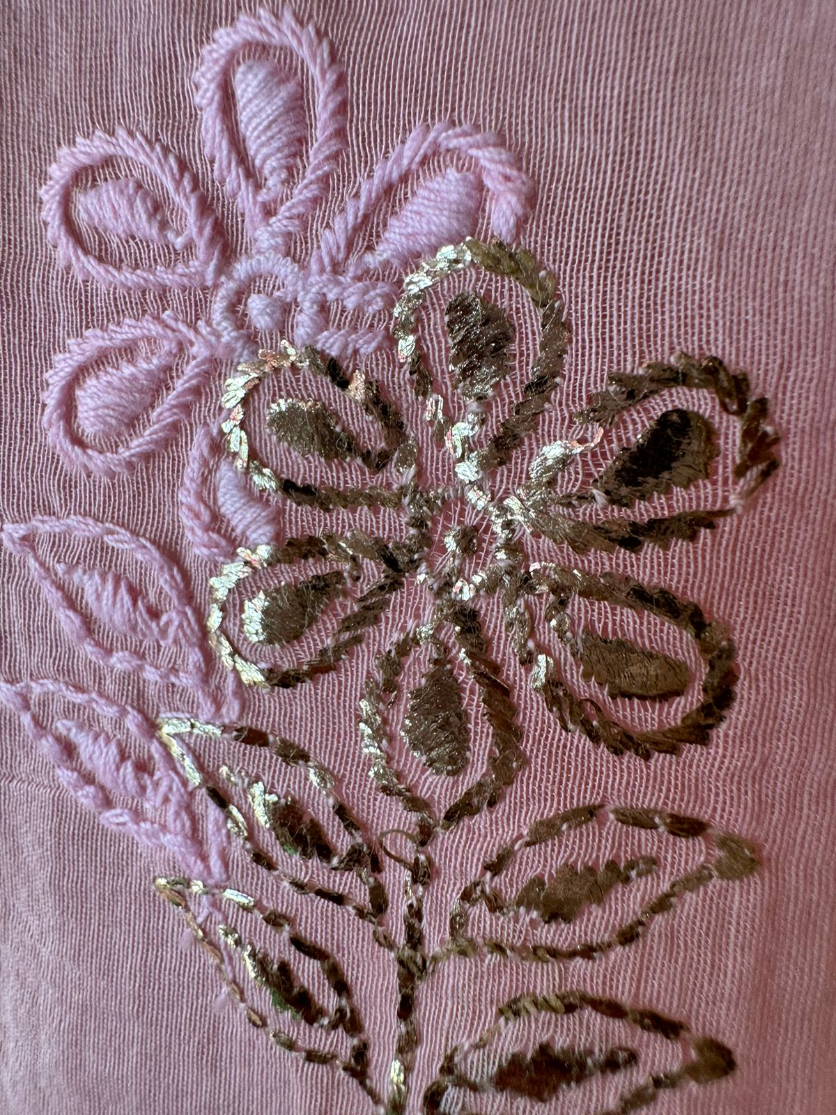 Unstitched Mul suit pieces with original pitta work done on the full shirt front giving it a very Beautiful & rich look