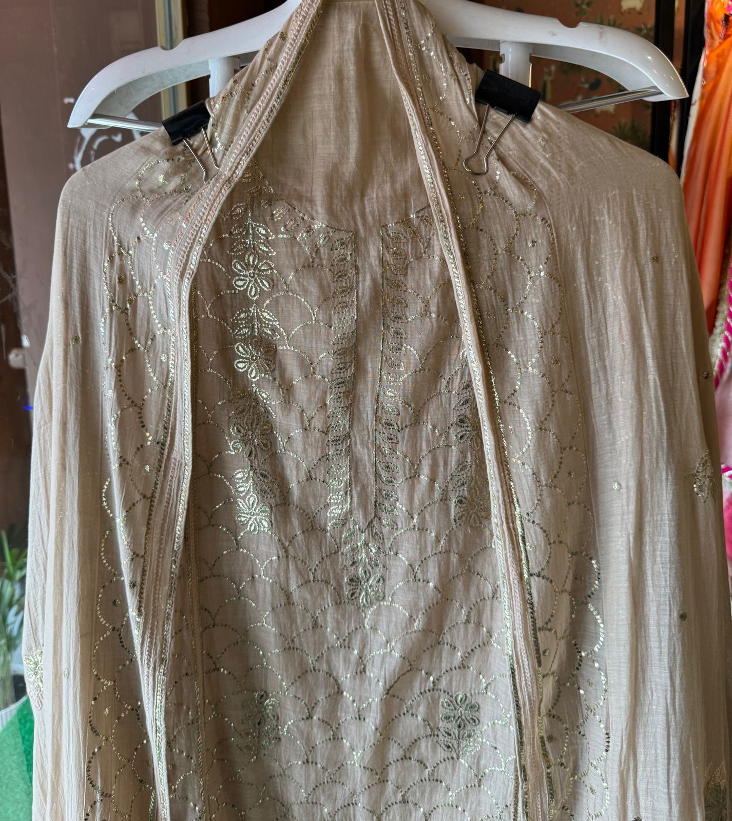 Unstitched Mul suit pieces with original pitta work done on the full shirt front giving it a very Beautiful & rich look