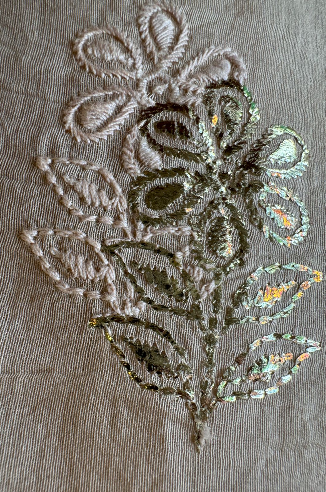 Unstitched Mul suit pieces with original pitta work done on the full shirt front giving it a very Beautiful & rich look