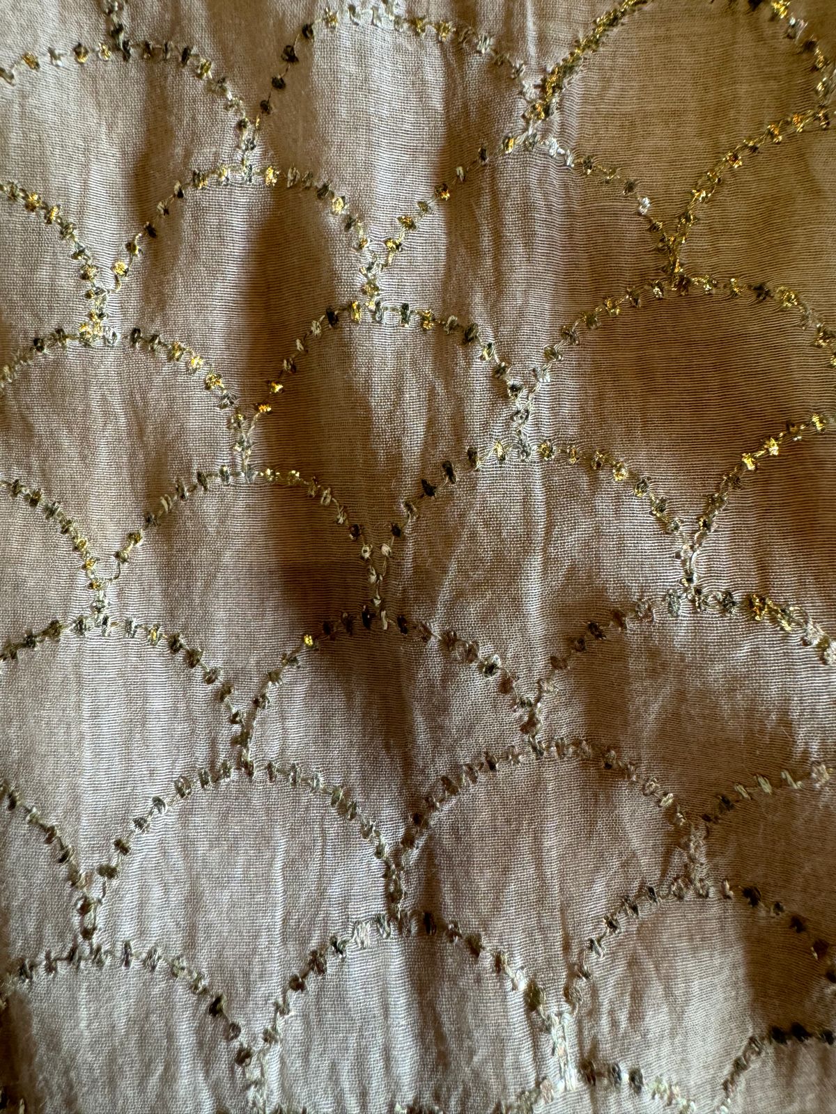 Unstitched Mul suit pieces with original pitta work done on the full shirt front giving it a very Beautiful & rich look