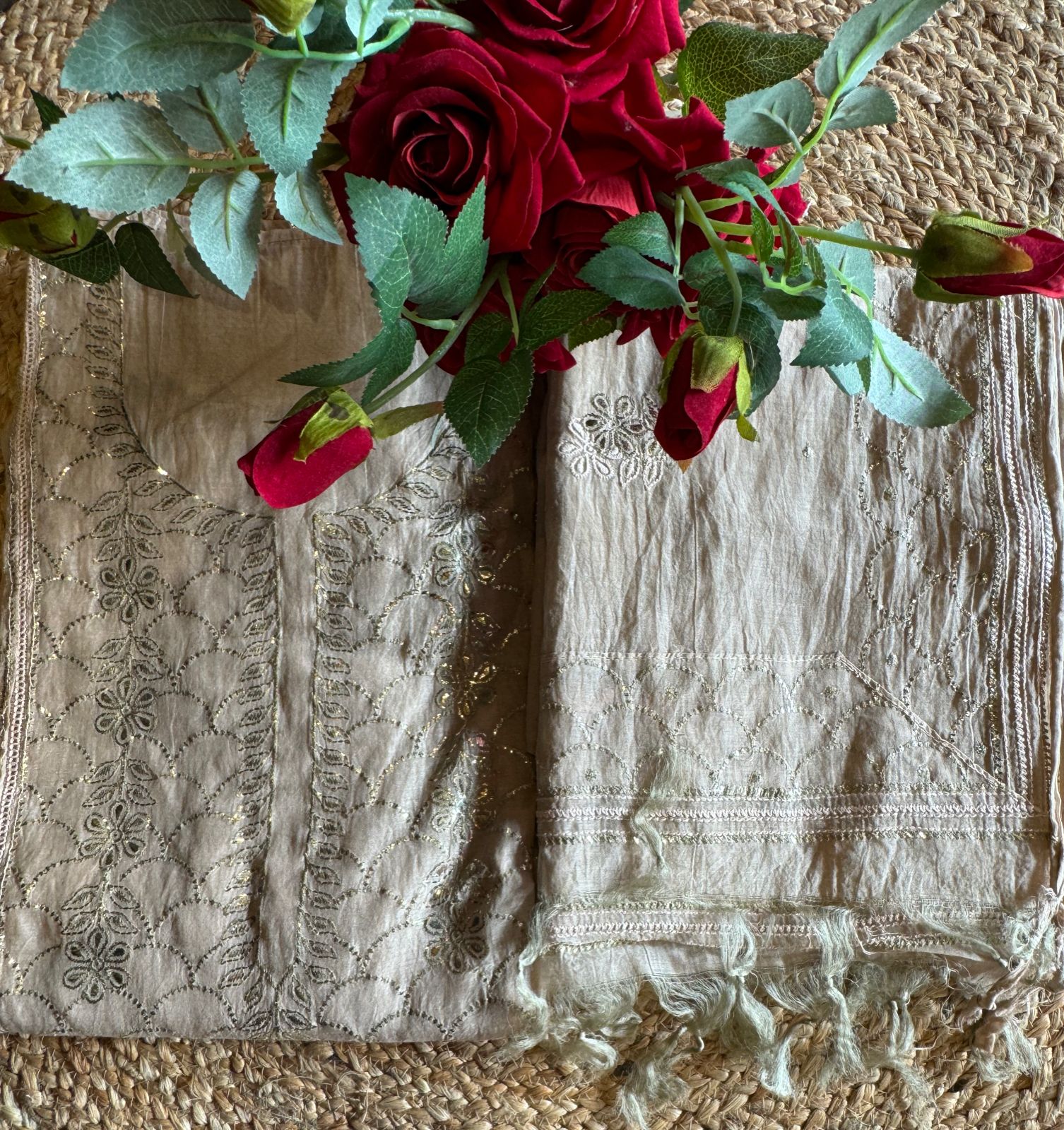 Unstitched Mul suit pieces with original pitta work done on the full shirt front giving it a very Beautiful & rich look