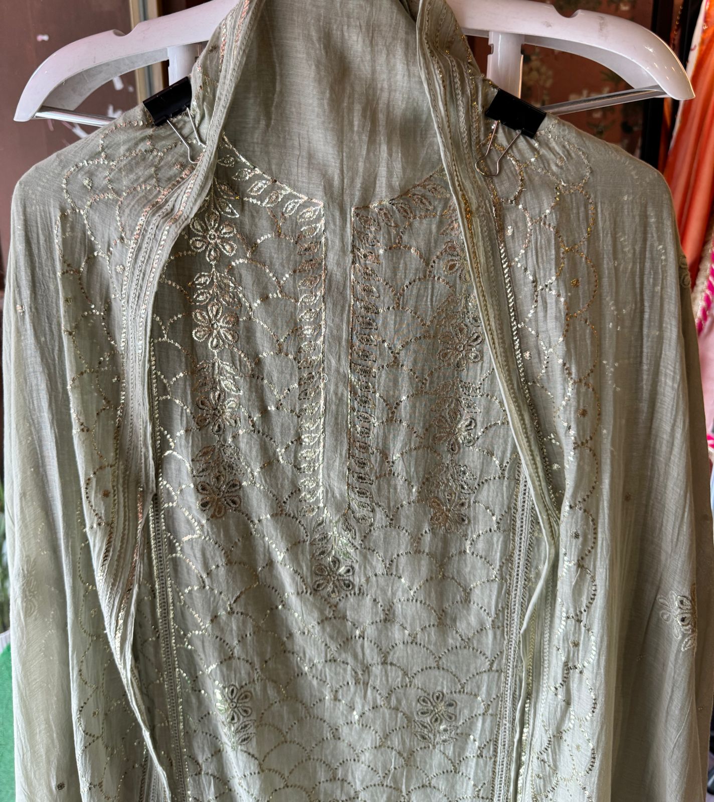 Unstitched Mul suit pieces with original pitta work done on the full shirt front giving it a very Beautiful & rich look