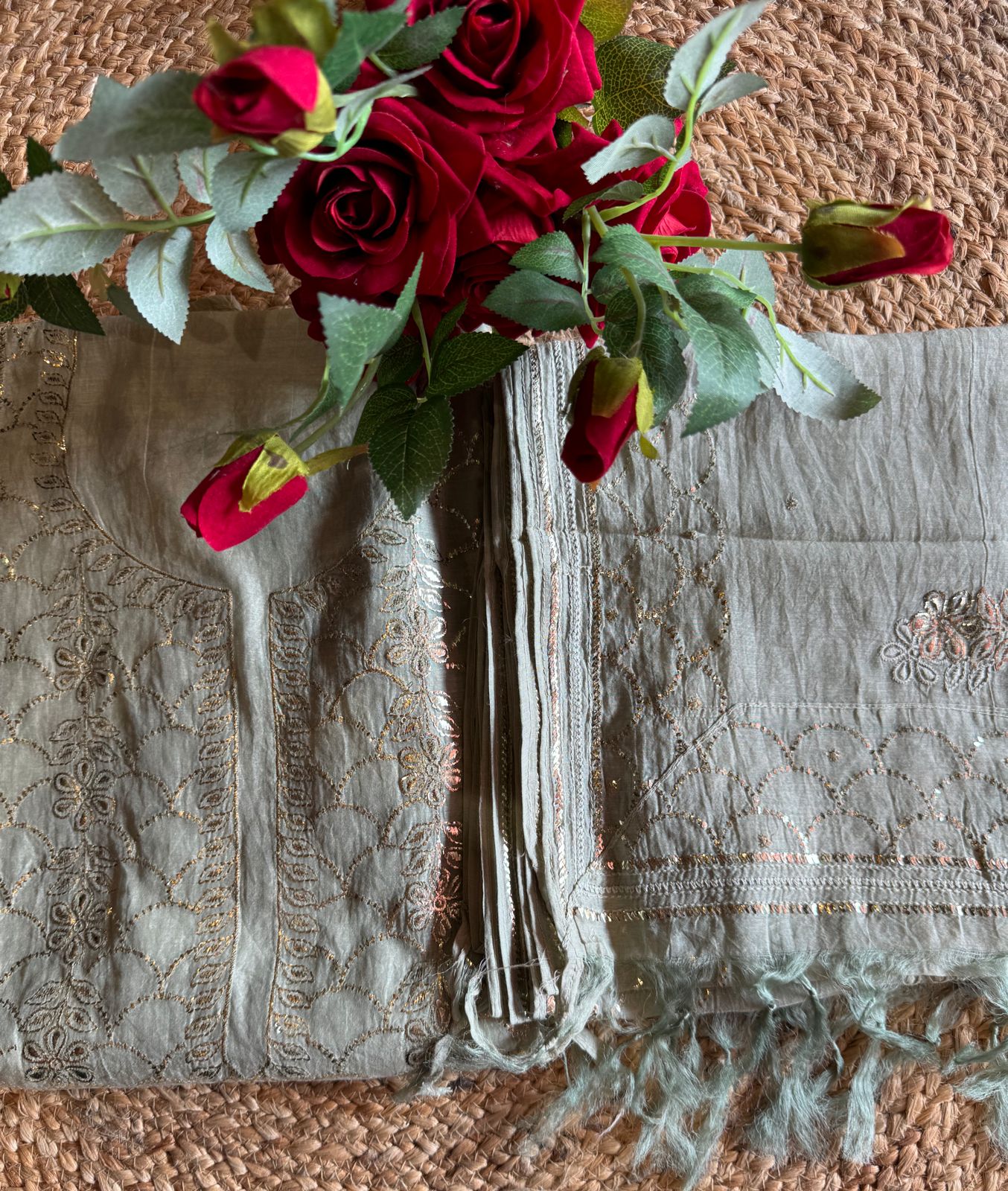 Unstitched Mul suit pieces with original pitta work done on the full shirt front giving it a very Beautiful & rich look