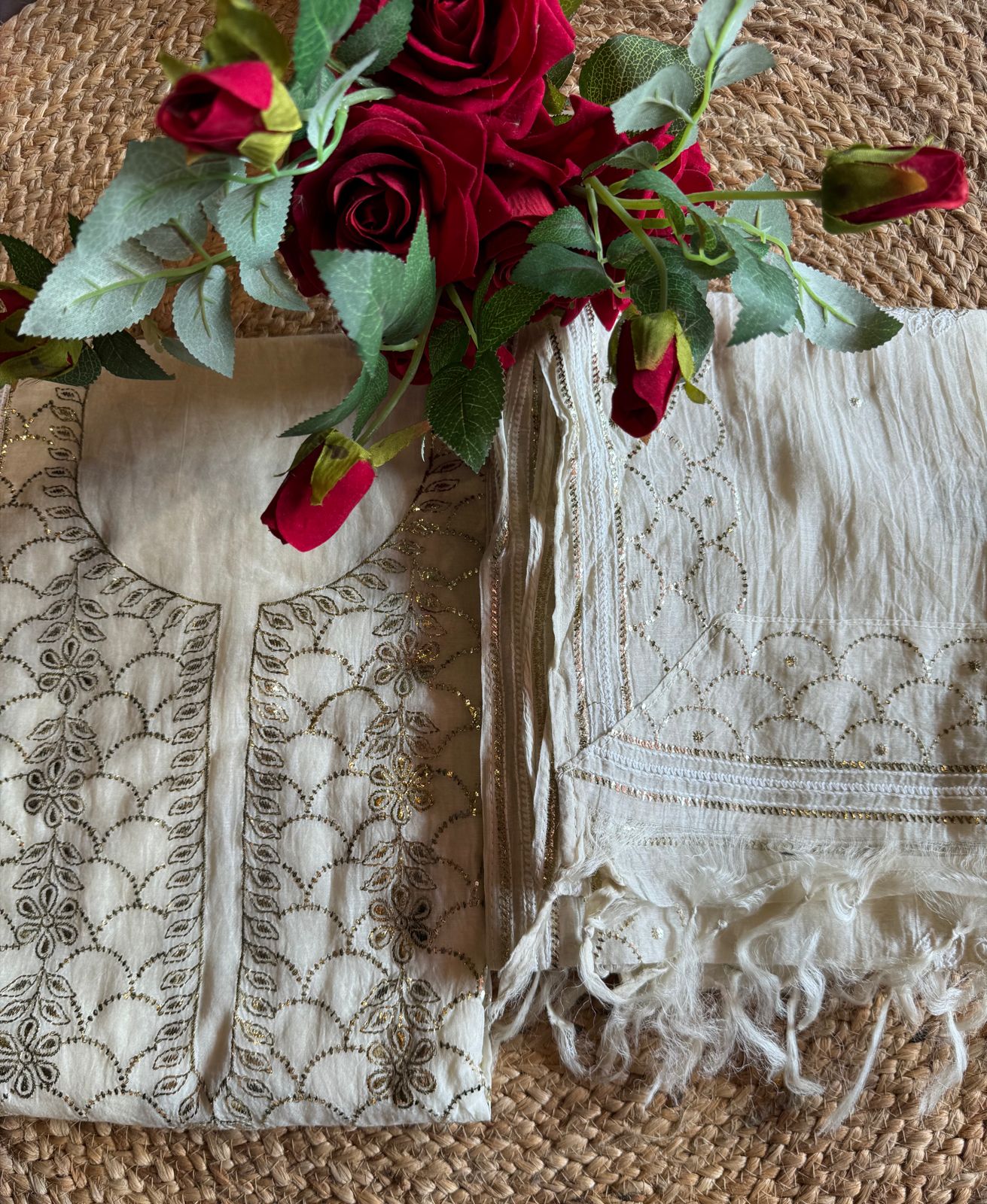 Unstitched Mul suit pieces with original pitta work done on the full shirt front giving it a very Beautiful & rich look