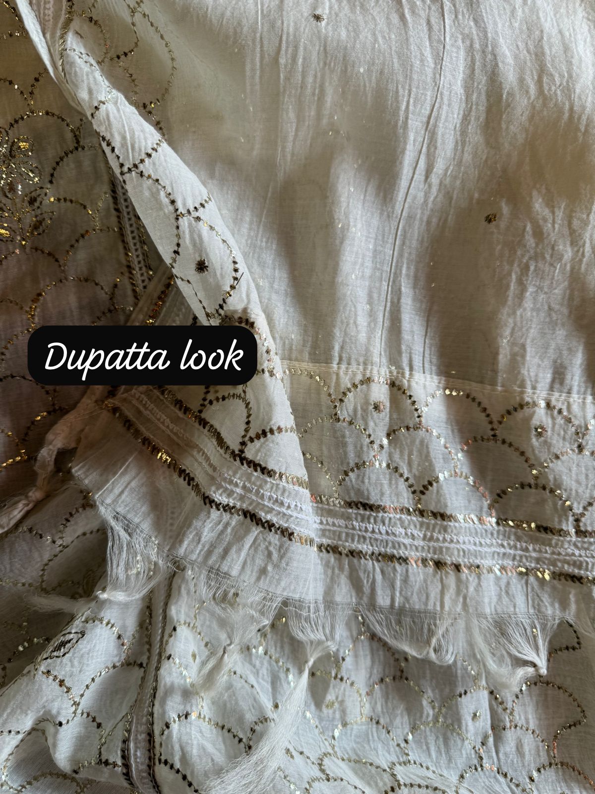 Unstitched Mul suit pieces with original pitta work done on the full shirt front giving it a very Beautiful & rich look