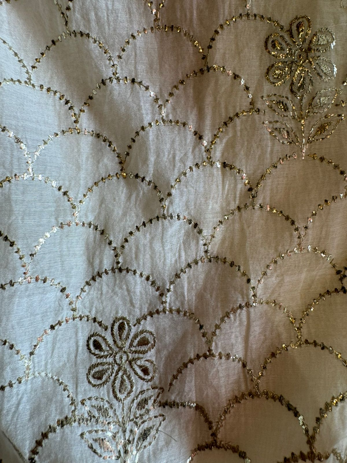 Unstitched Mul suit pieces with original pitta work done on the full shirt front giving it a very Beautiful & rich look