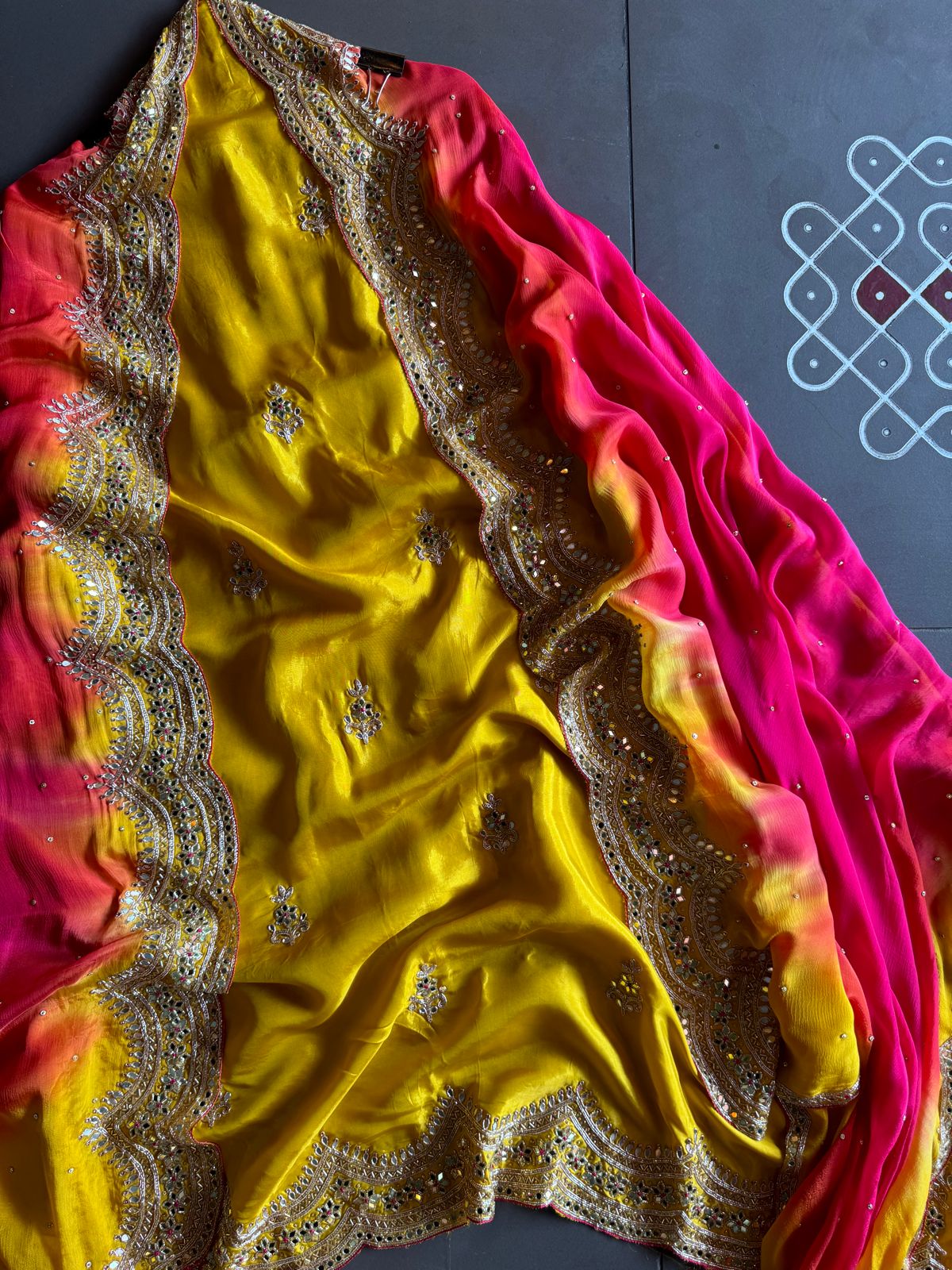 Beautiful pieces on Opada Silk with handwork nalki booties and scalloped