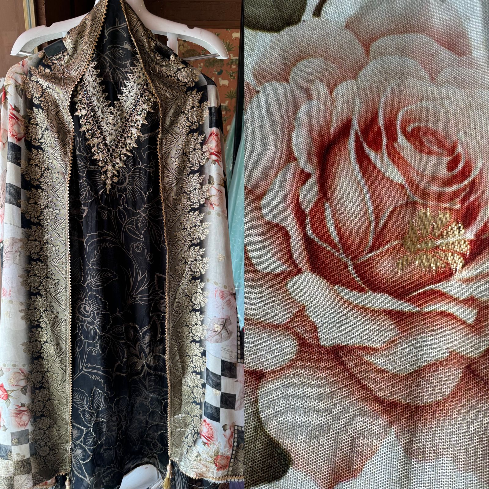 Digital printed organza shirt Very soft and flowy shirt fabric with light zari highlights on the shirt front