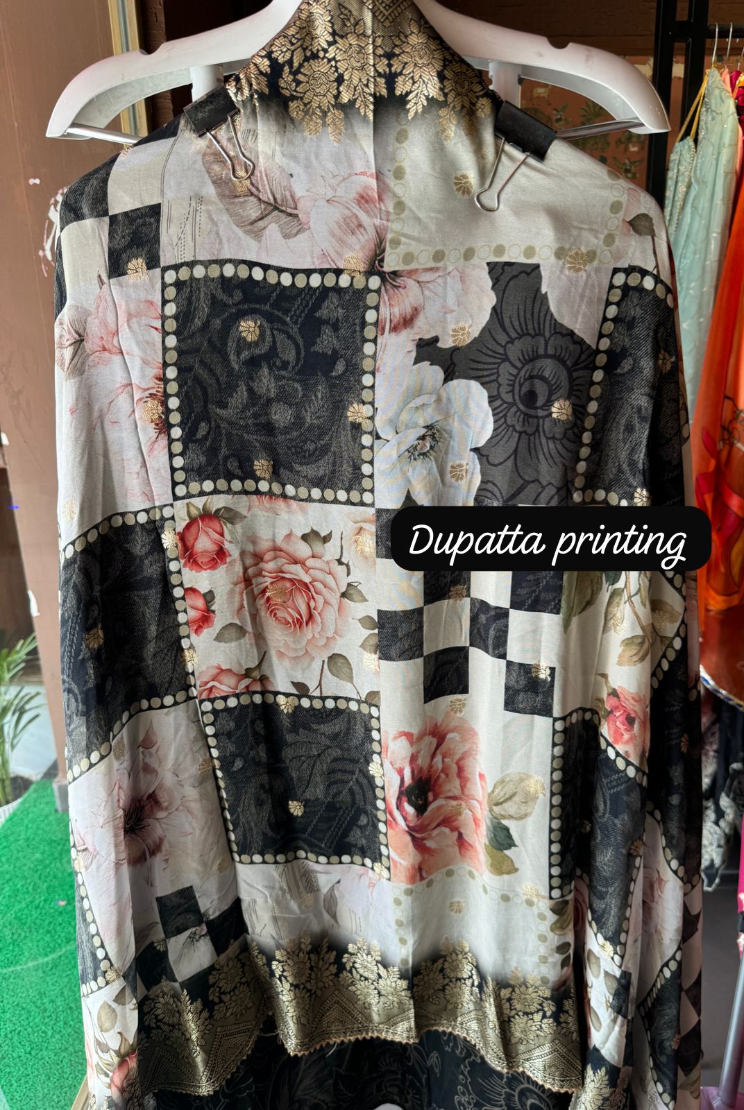 Digital printed organza shirt Very soft and flowy shirt fabric with light zari highlights on the shirt front