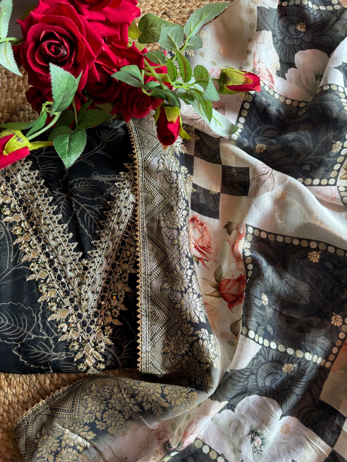 Digital printed organza shirt Very soft and flowy shirt fabric with light zari highlights on the shirt front