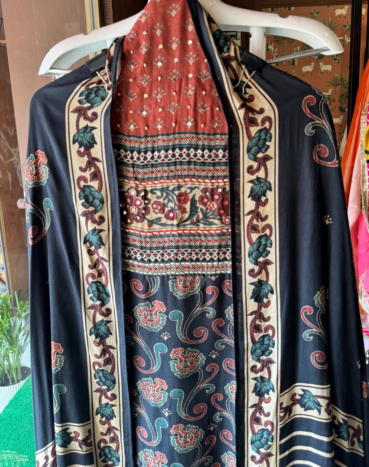 Soft Muslin Block printed Shirt very fine quality fabric used with sequence and thread highlighting on the neckline