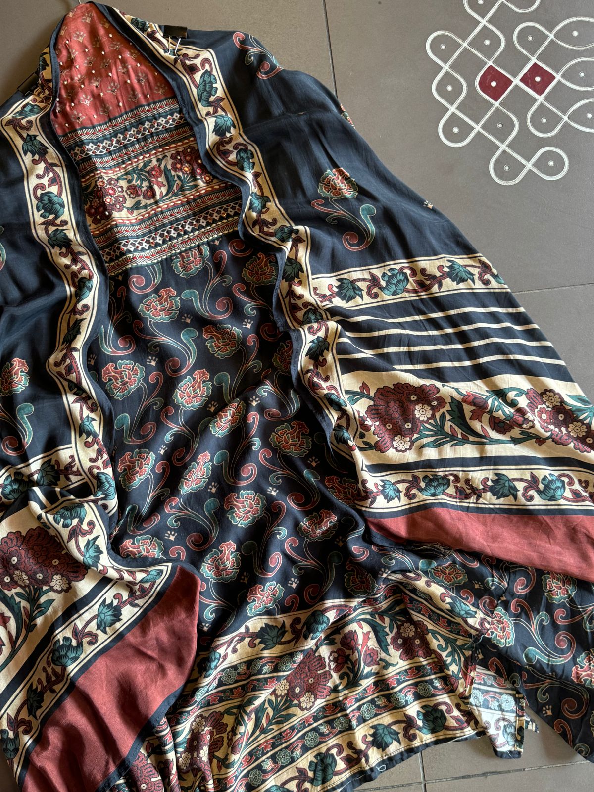 Soft Muslin Block printed Shirt very fine quality fabric used with sequence and thread highlighting on the neckline