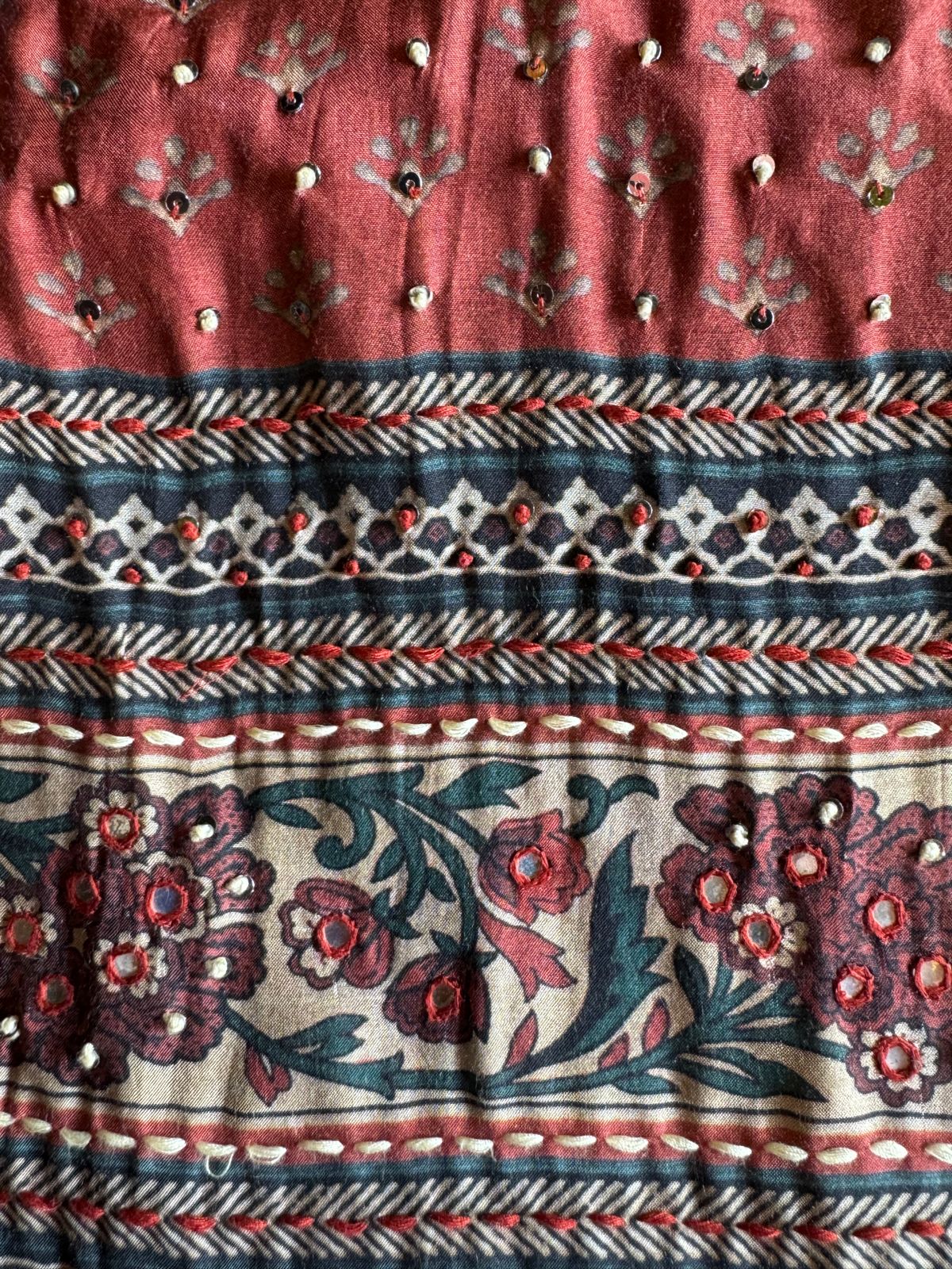 Soft Muslin Block printed Shirt very fine quality fabric used with sequence and thread highlighting on the neckline