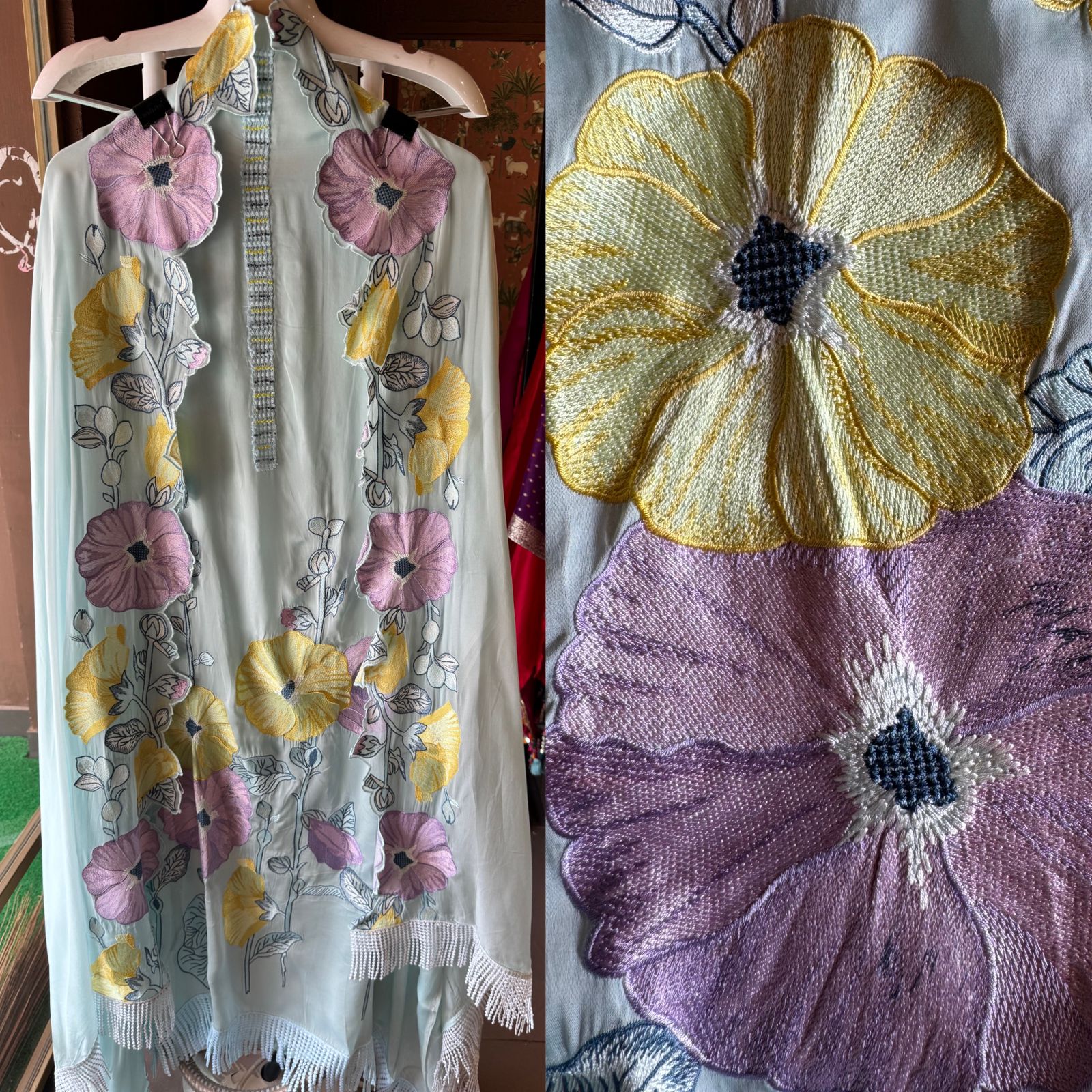 Soft organza silk Shirt (Unstitched) Shirt with thread embroidery done