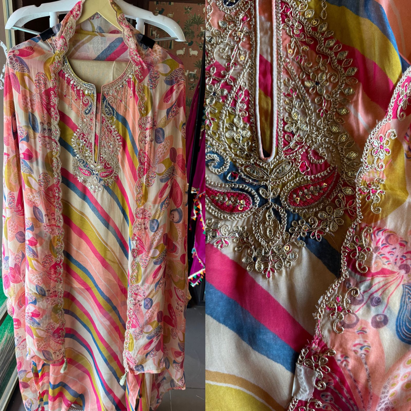 Soft organza Lehriya digital printed kurta (Multi coloured) the shirt is unstitched with Dabka and dori embroidery on the neckline