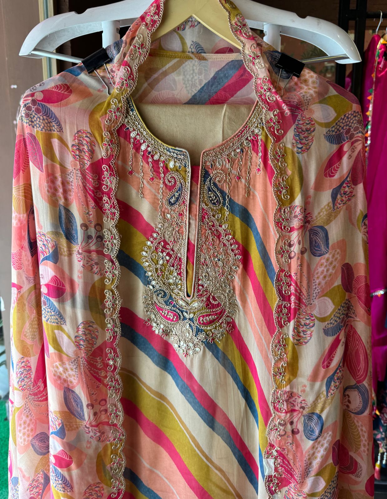 Soft organza Lehriya digital printed kurta (Multi coloured) the shirt is unstitched with Dabka and dori embroidery on the neckline