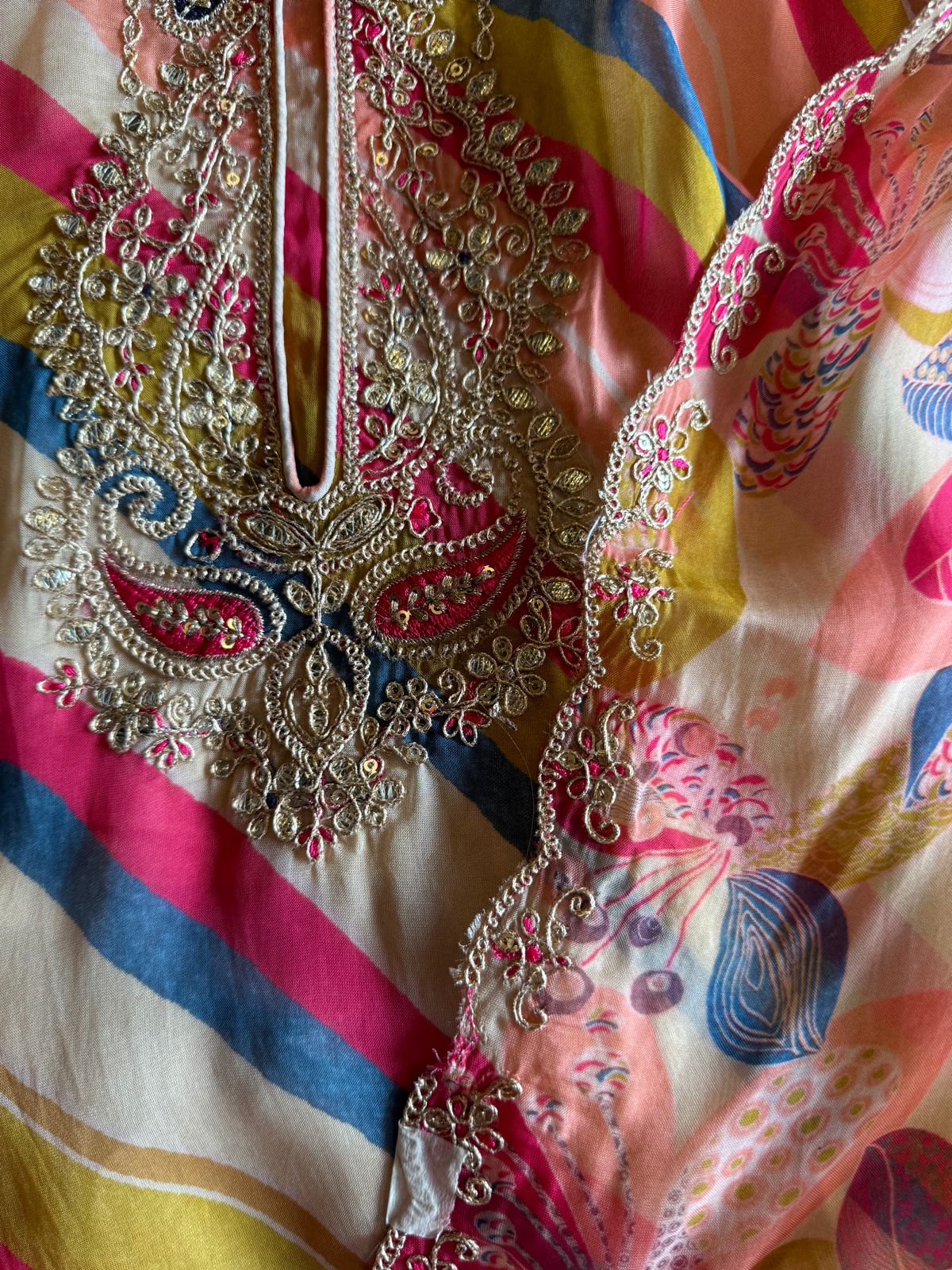 Soft organza Lehriya digital printed kurta (Multi coloured) the shirt is unstitched with Dabka and dori embroidery on the neckline