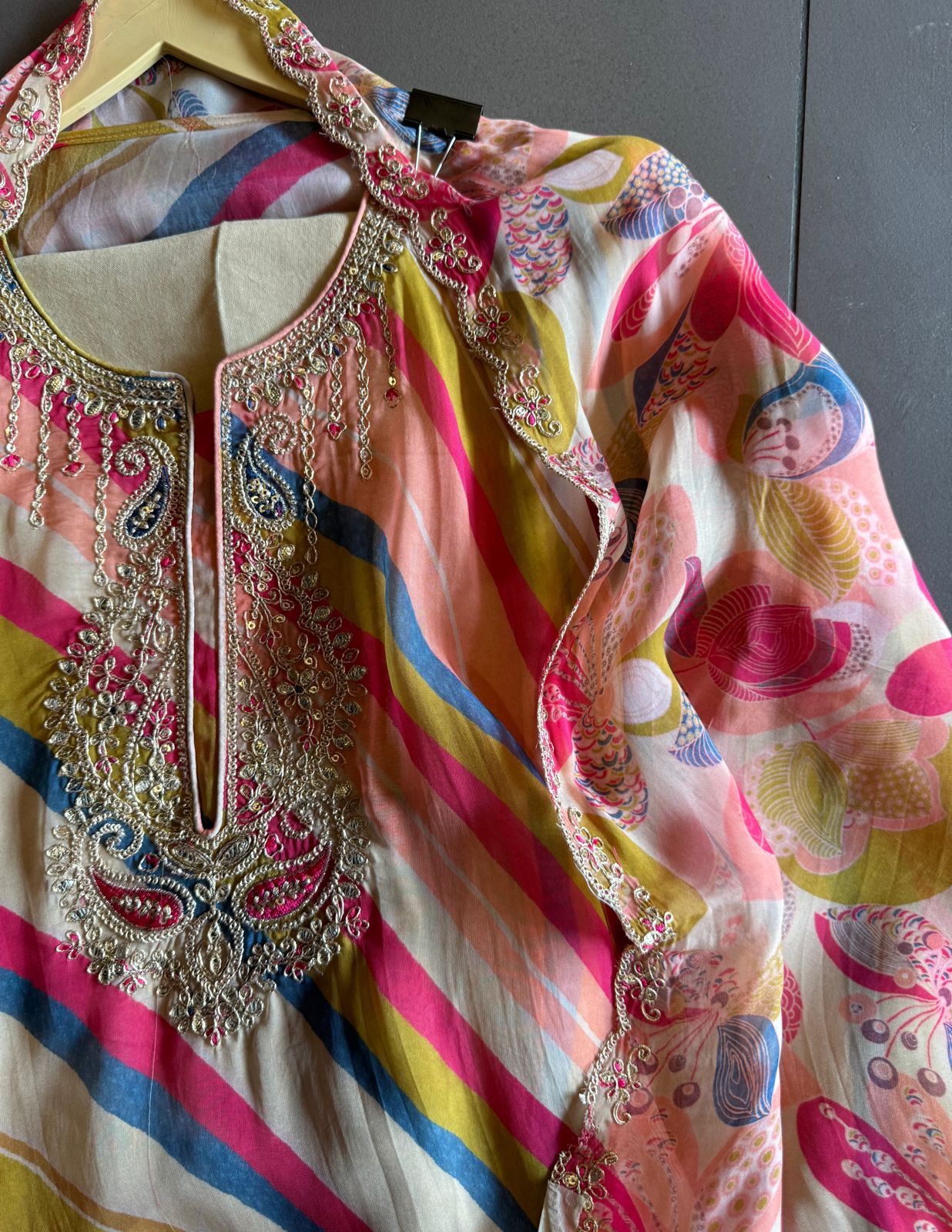 Soft organza Lehriya digital printed kurta (Multi coloured) the shirt is unstitched with Dabka and dori embroidery on the neckline