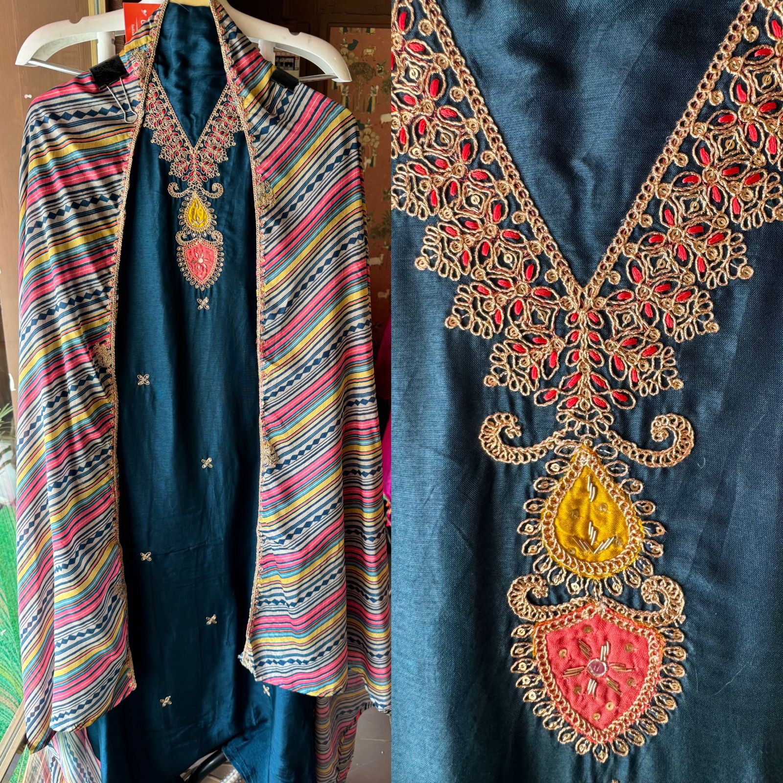 Soft silk Shirt (Unstitched & Full size) with Dori work on the neckline with mirror and thread detailings as well (V neckline)