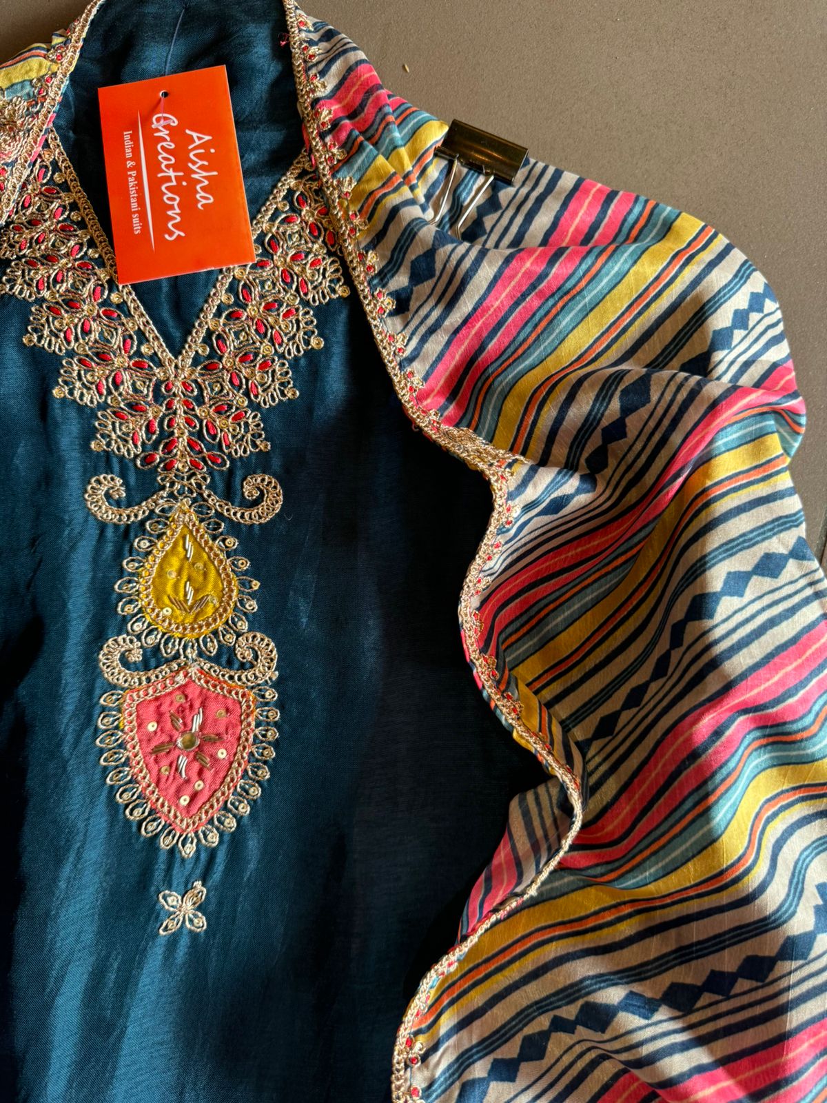 Soft silk Shirt (Unstitched & Full size) with Dori work on the neckline with mirror and thread detailings as well (V neckline)