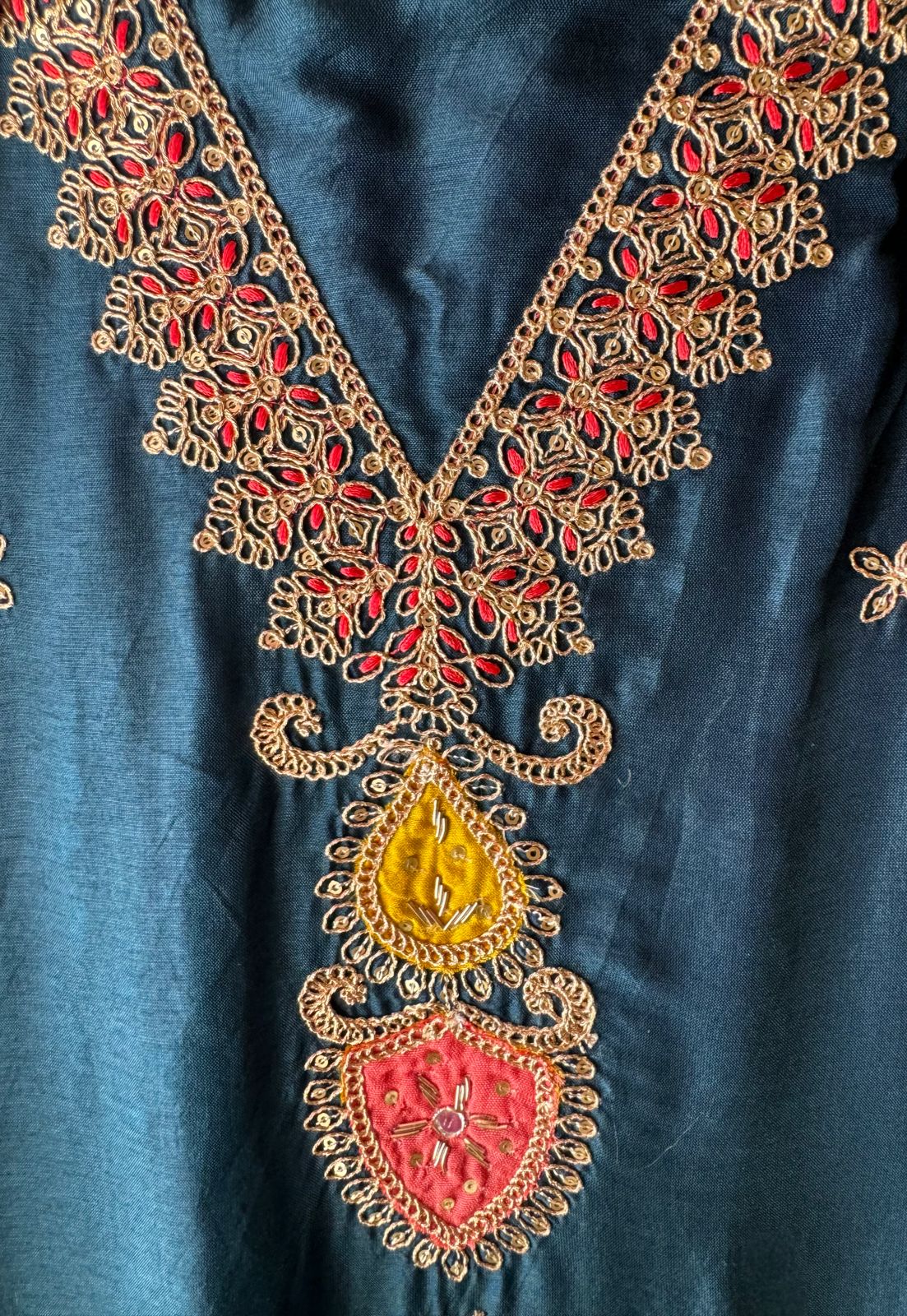 Soft silk Shirt (Unstitched & Full size) with Dori work on the neckline with mirror and thread detailings as well (V neckline)