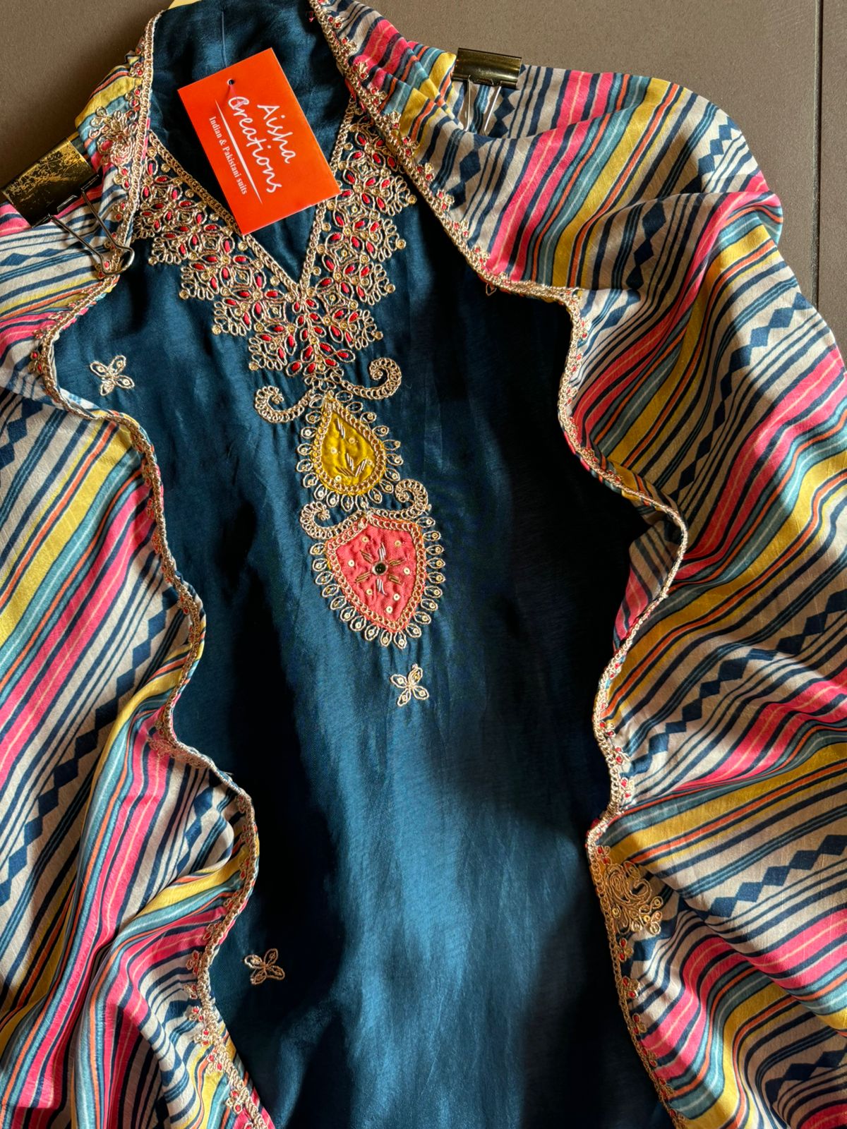 Soft silk Shirt (Unstitched & Full size) with Dori work on the neckline with mirror and thread detailings as well (V neckline)