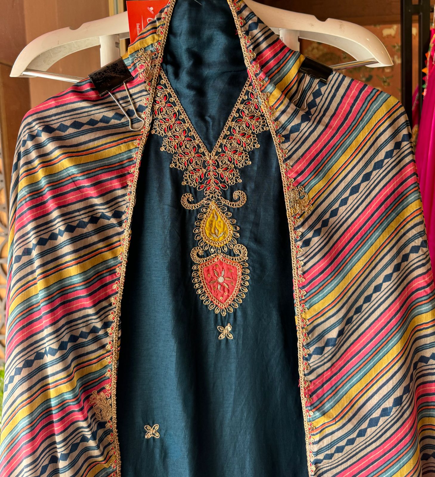 Soft silk Shirt (Unstitched & Full size) with Dori work on the neckline with mirror and thread detailings as well (V neckline)