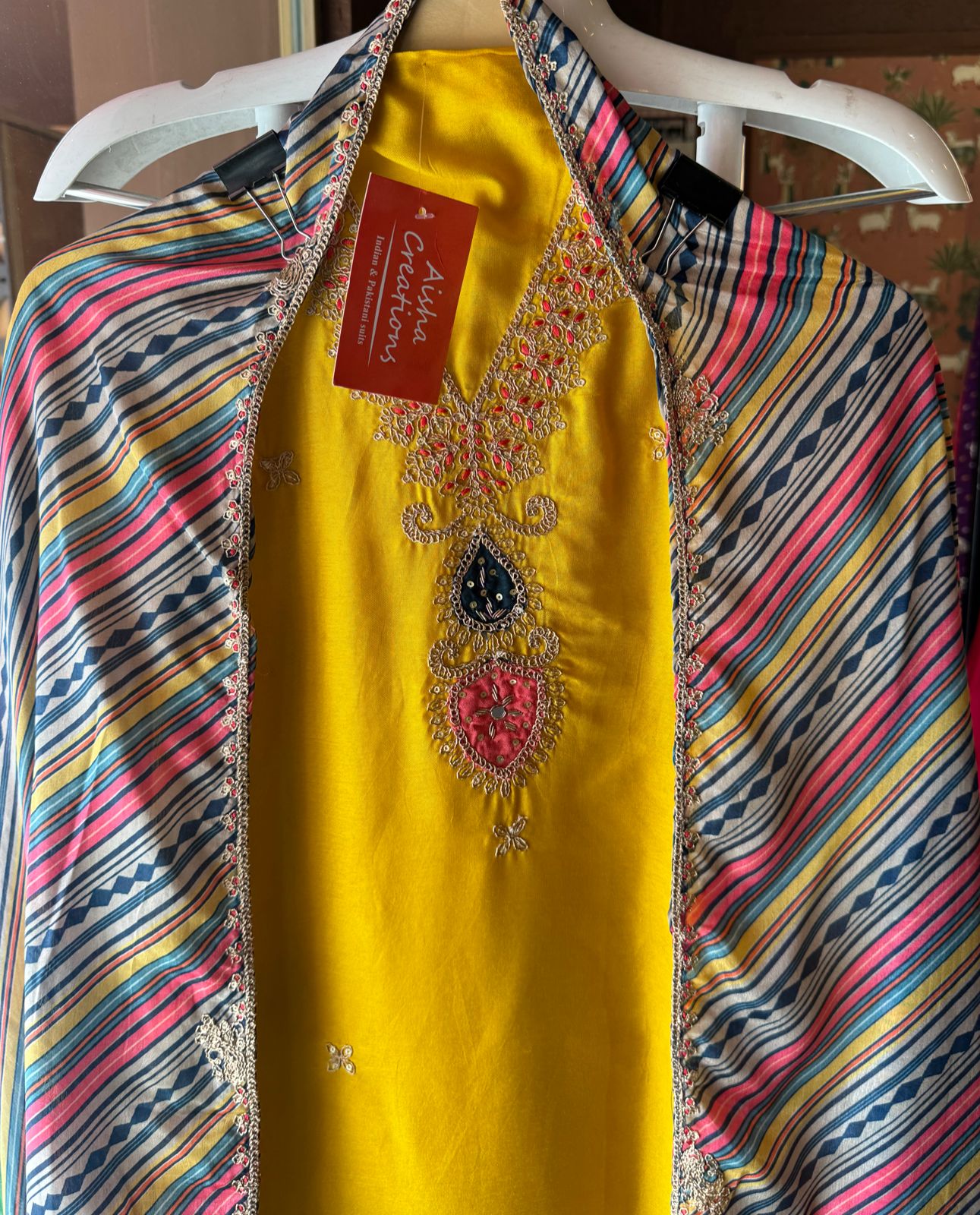 Soft silk Shirt (Unstitched & Full size) with Dori work on the neckline with mirror and thread detailings as well (V neckline)