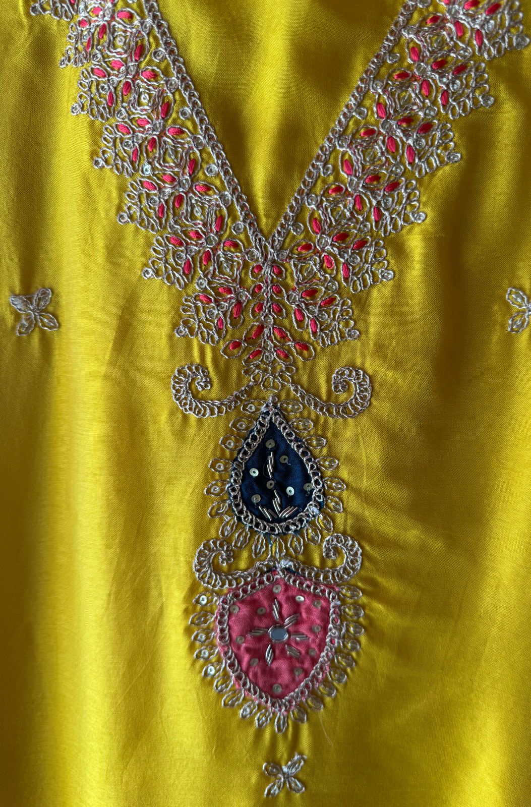 Soft silk Shirt (Unstitched & Full size) with Dori work on the neckline with mirror and thread detailings as well (V neckline)